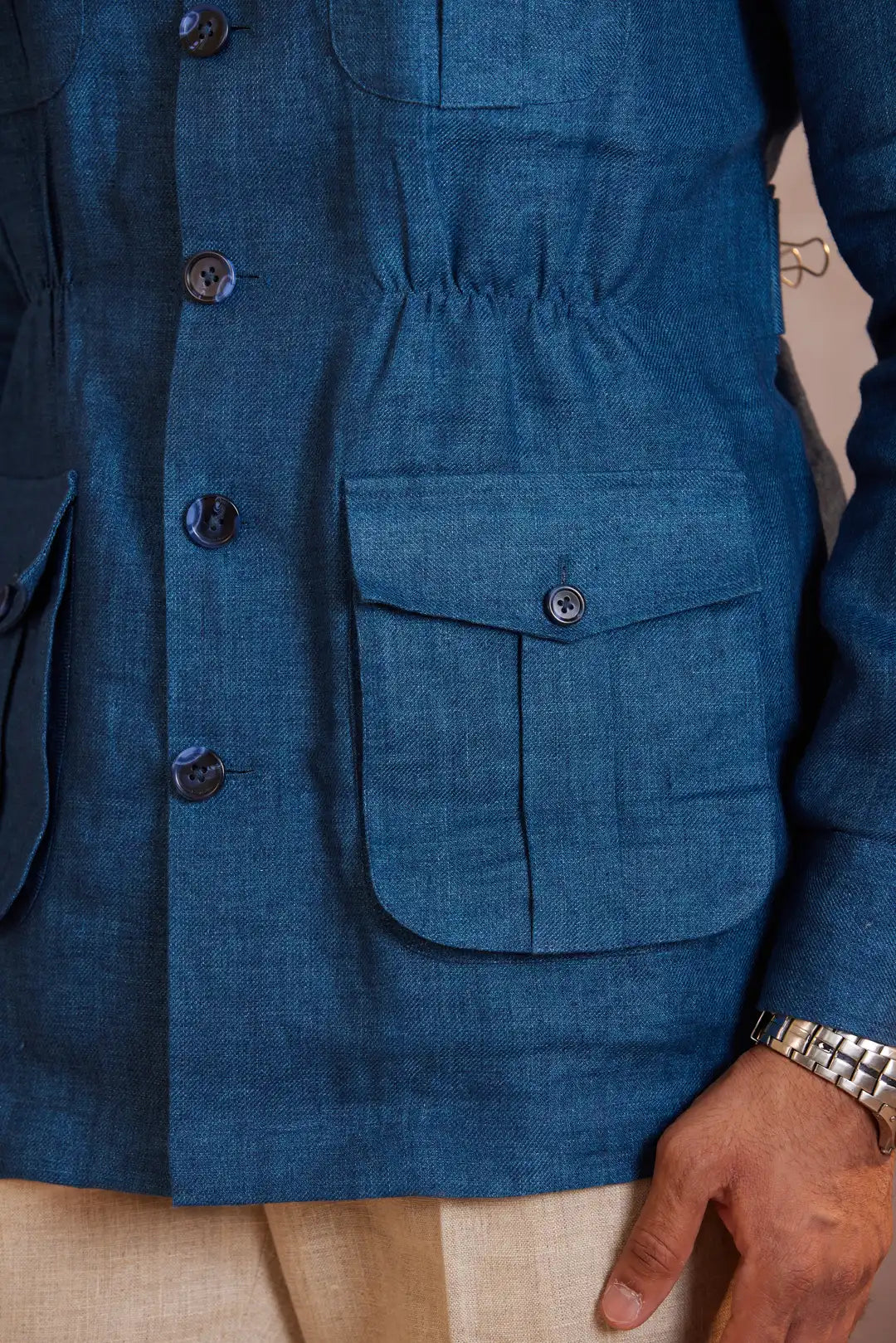 Royal blue Cinched waist linen Safari Jacket