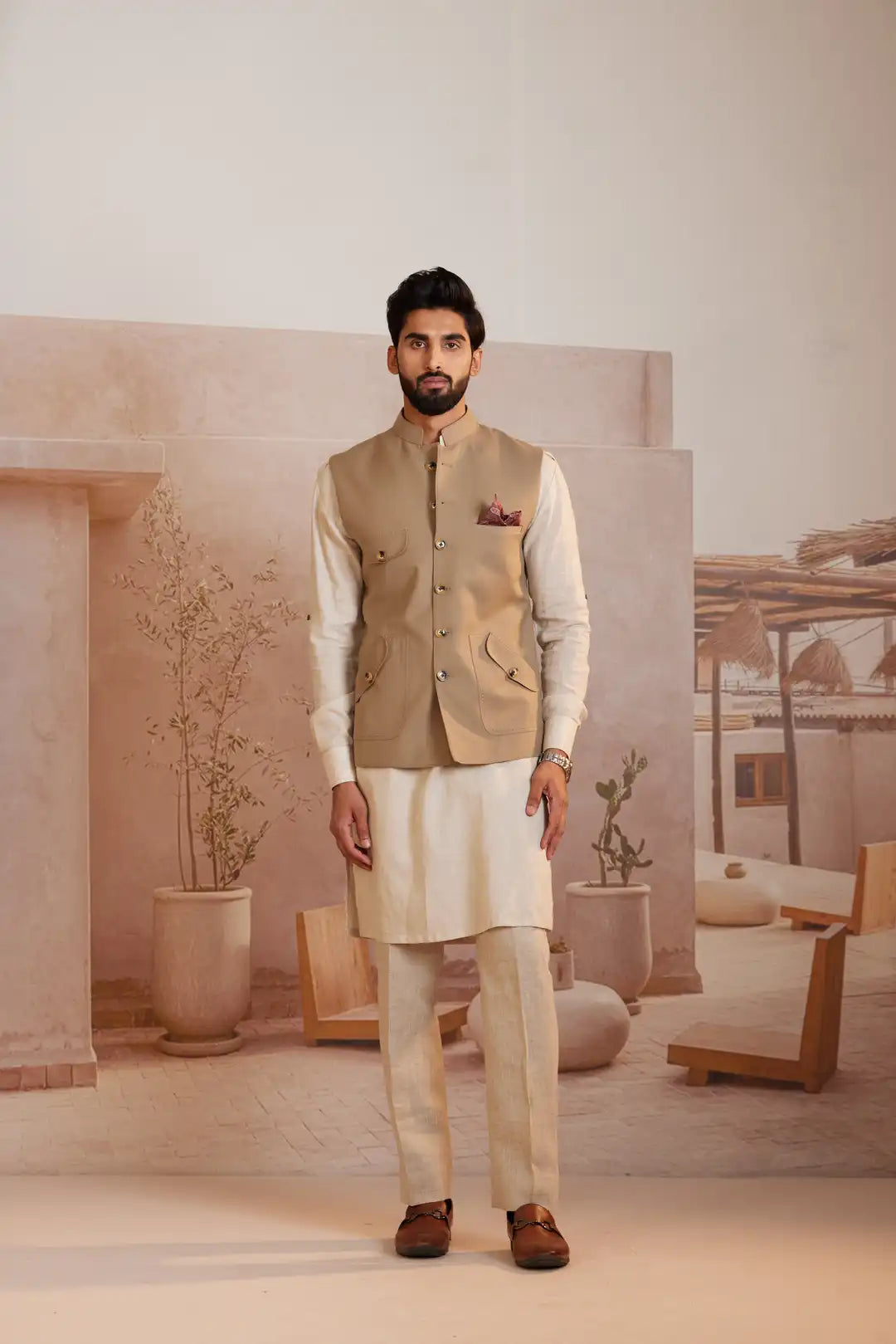 Beige multi-pocket Nehru jacket