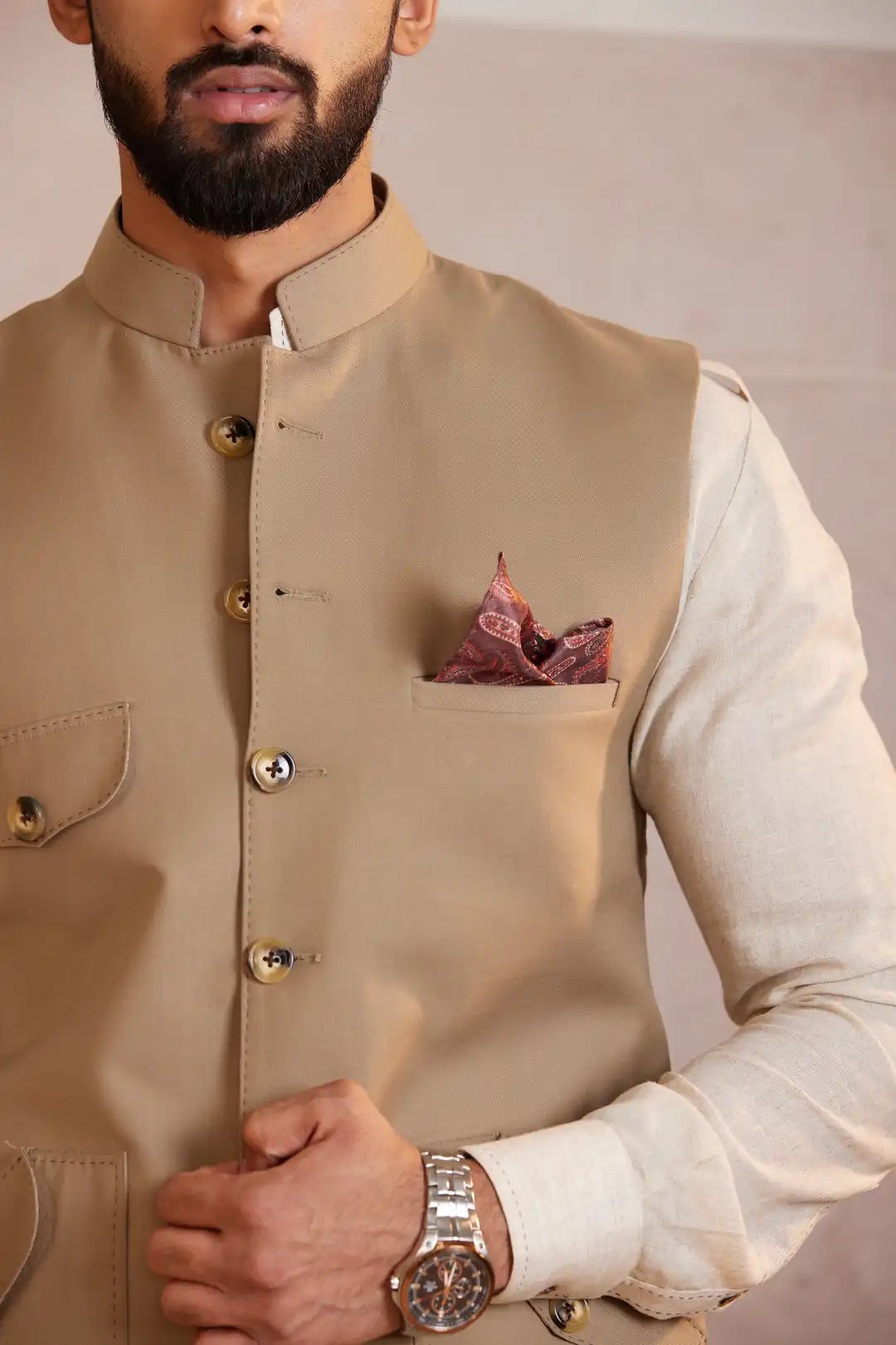 Beige multi-pocket Nehru jacket