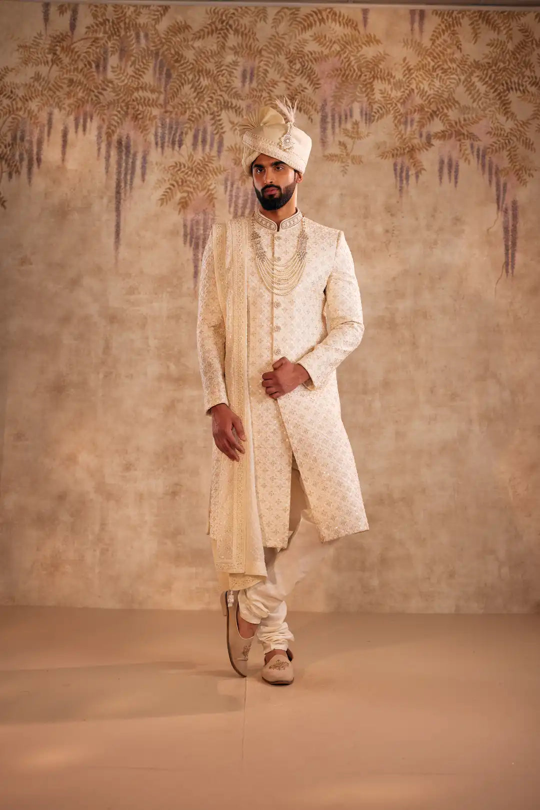 Ivory silk Sherwani with geometric and Floral embroidery