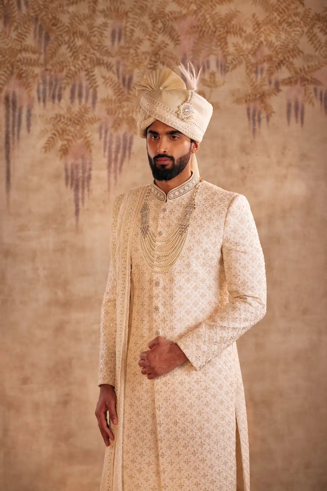 Ivory silk Sherwani with geometric and Floral embroidery