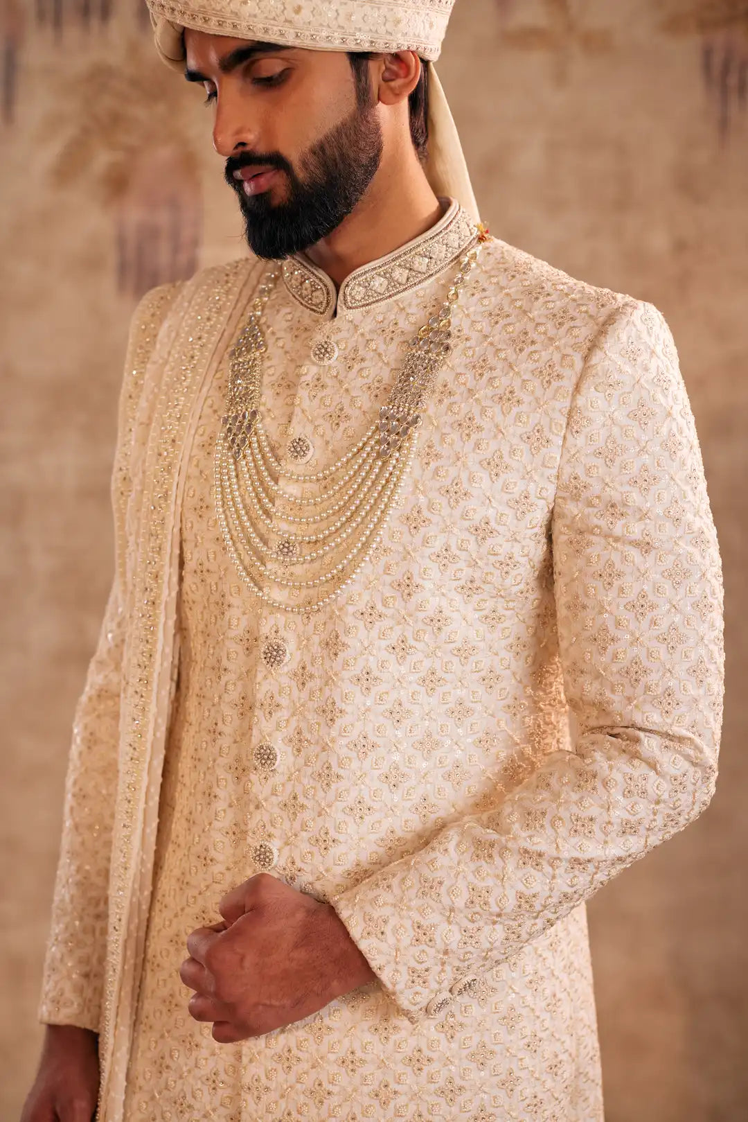 Ivory silk Sherwani with geometric and Floral embroidery