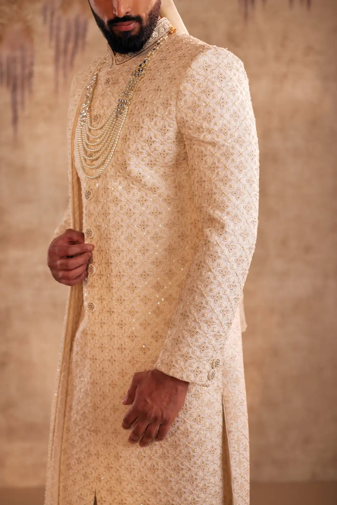 Ivory silk Sherwani with geometric and Floral embroidery