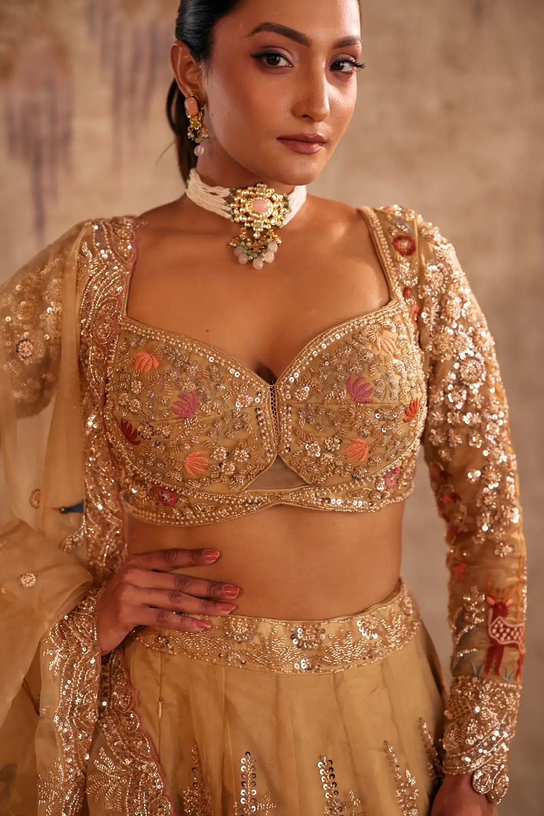 Gold Tissue lehenga with embroidery