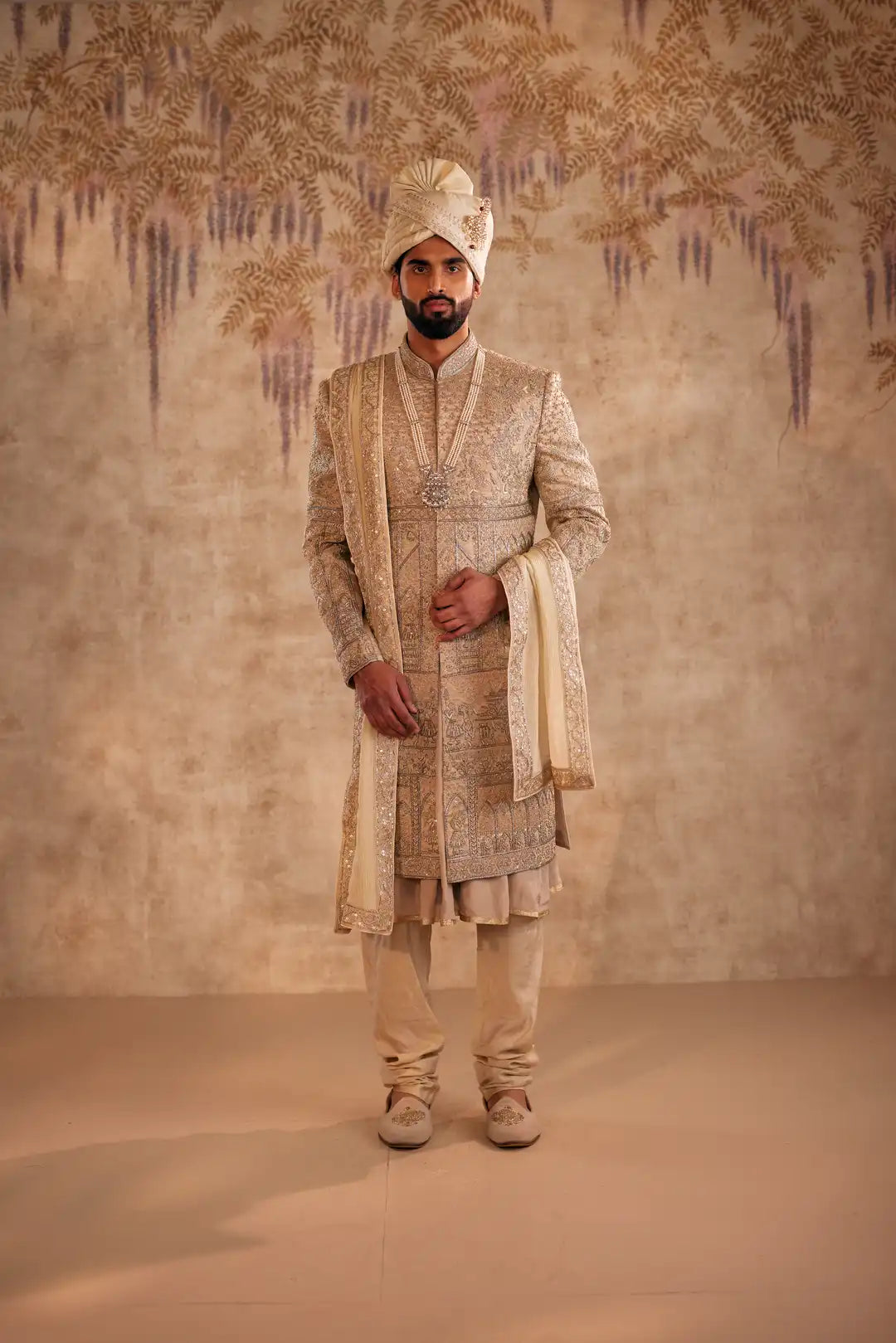 Gold Sherwani with Doli Baraat zardozi work