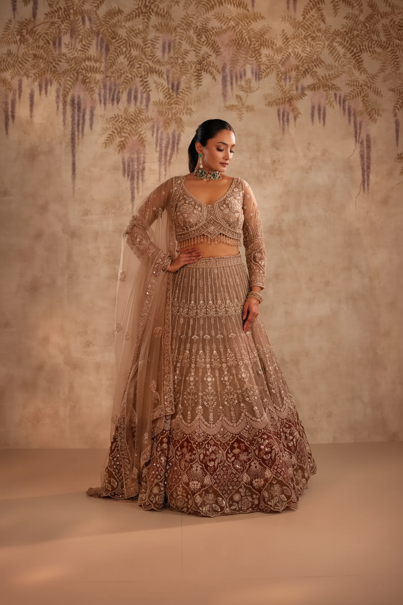 Brown lehenga with wine patch work