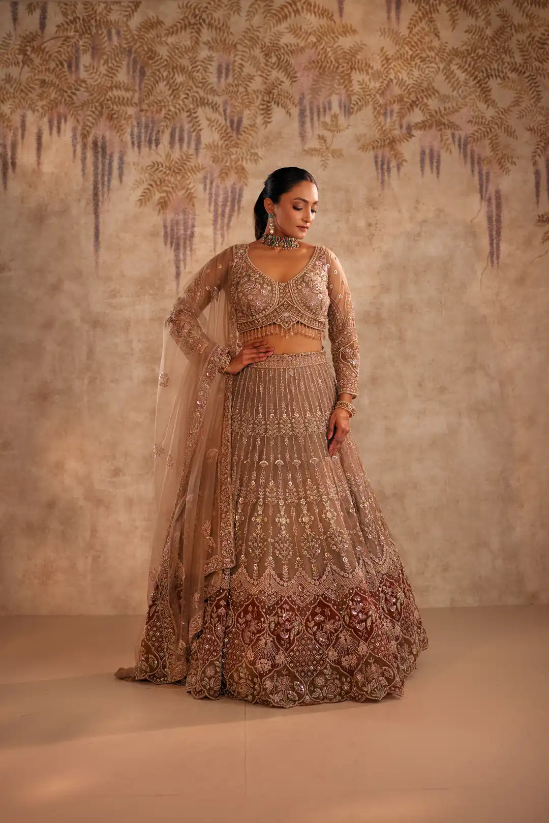 Brown lehenga with wine patch work