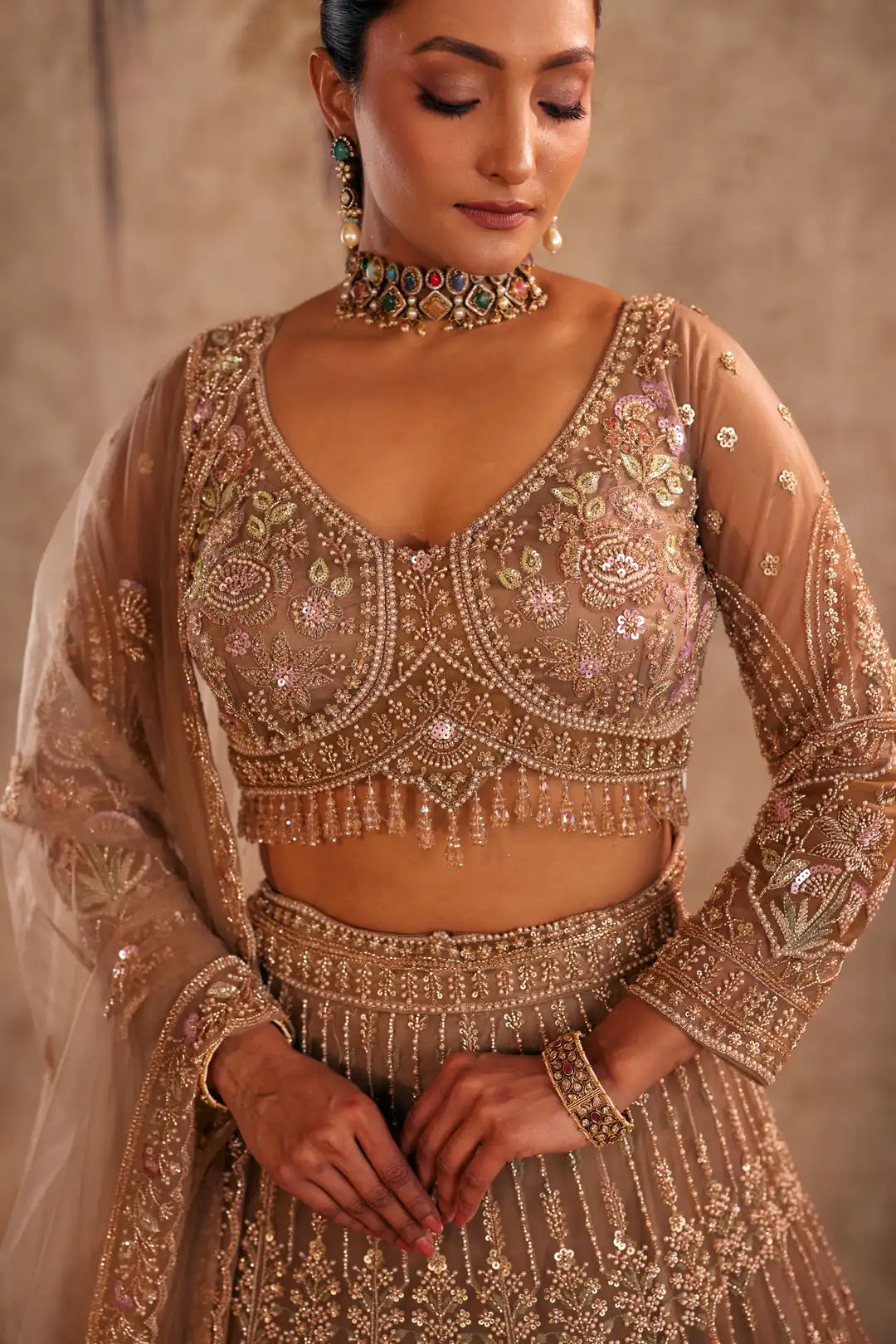 Brown lehenga with wine patch work