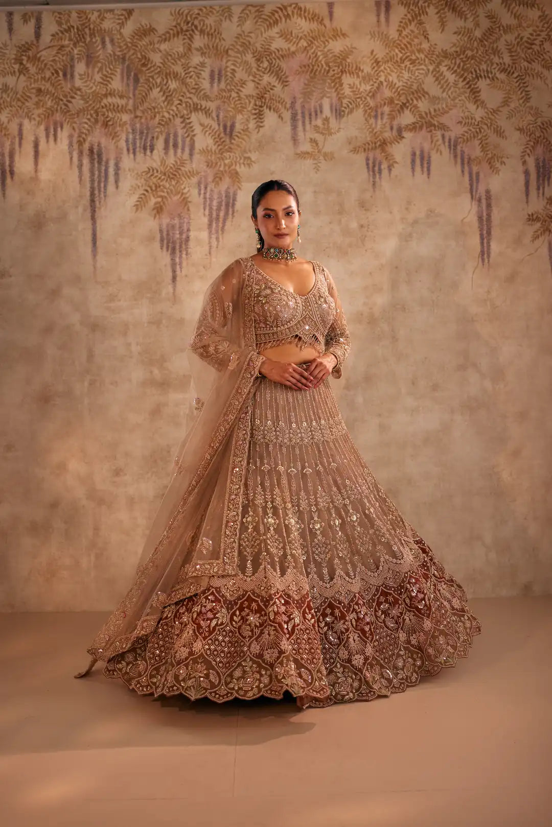 Brown lehenga with wine patch work