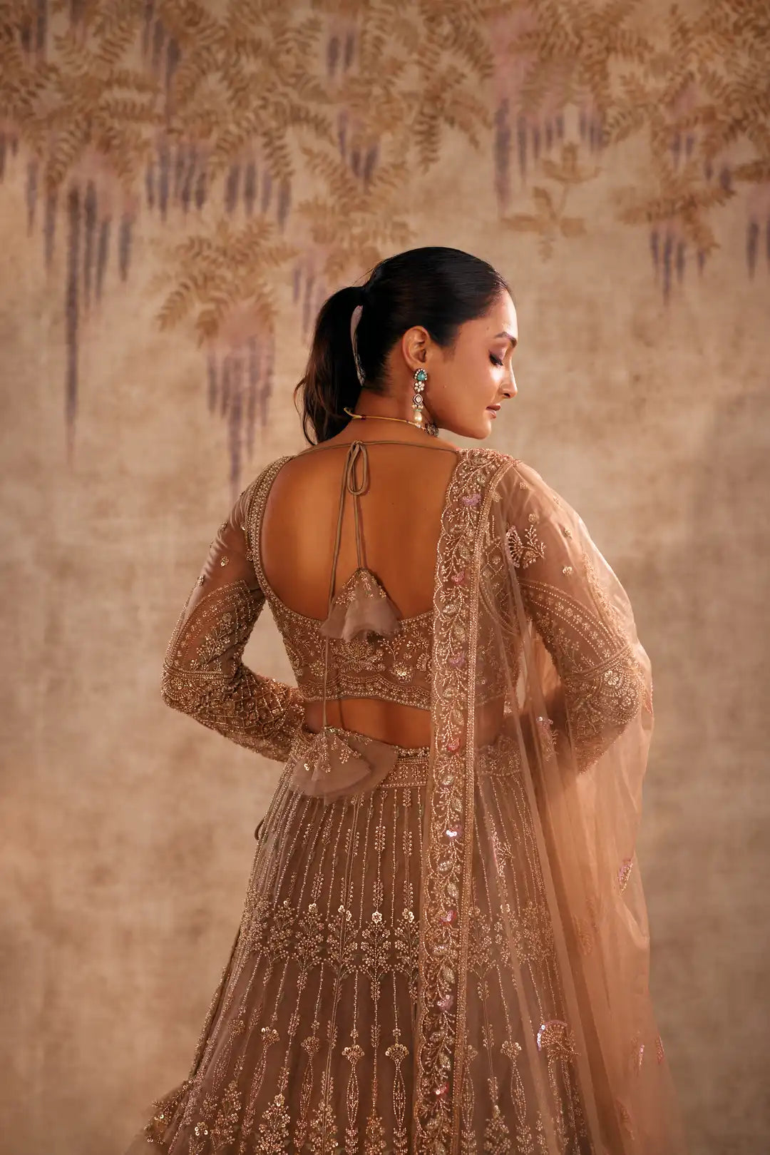 Brown lehenga with wine patch work