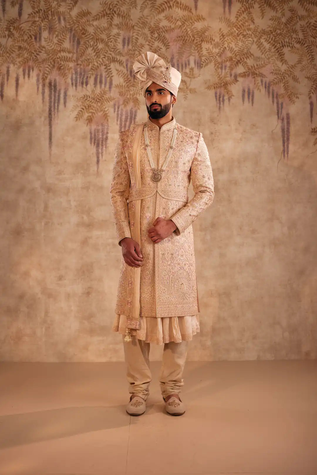 Gold Sherwani with multicolor thread work