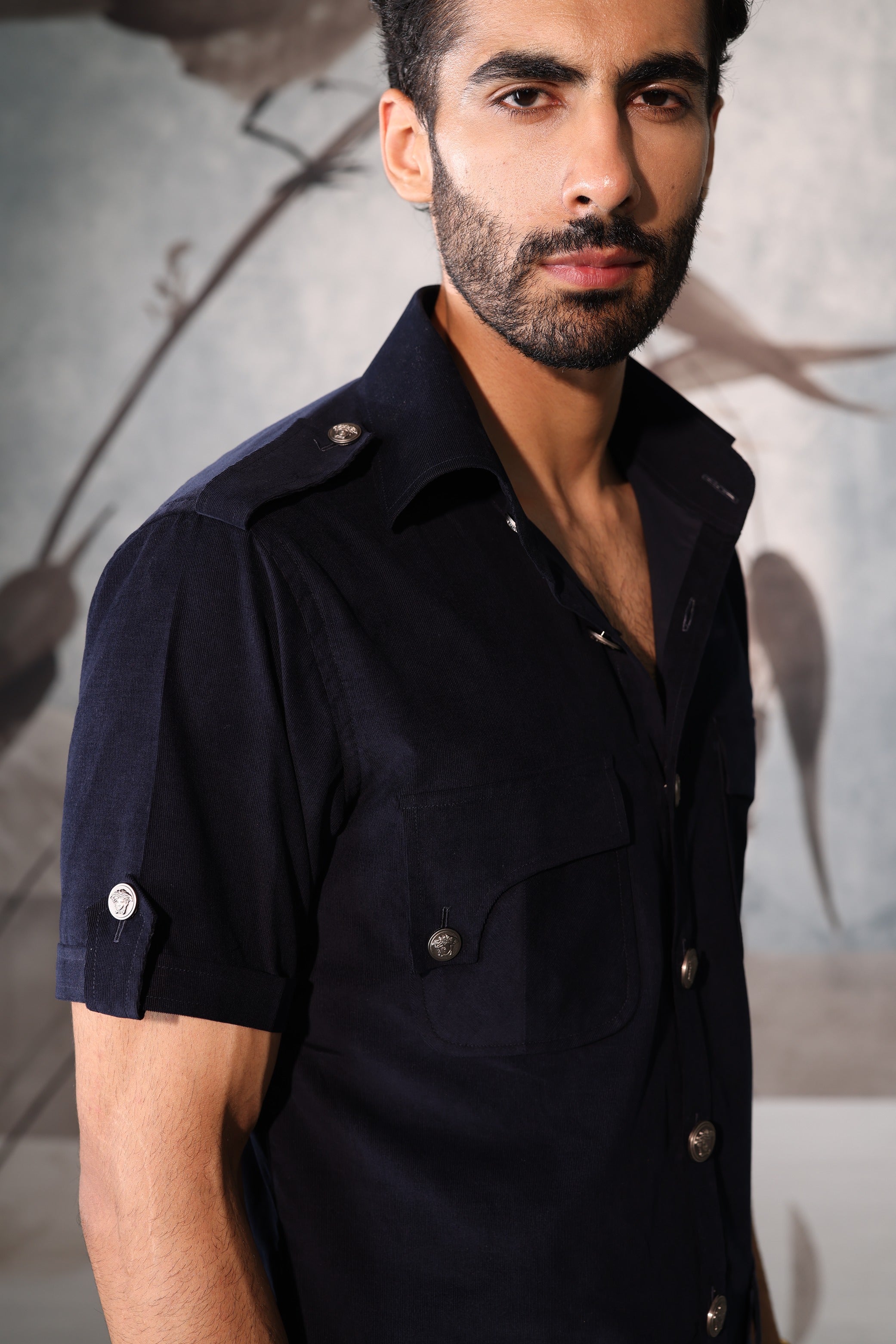 black pinstripe safari shirt