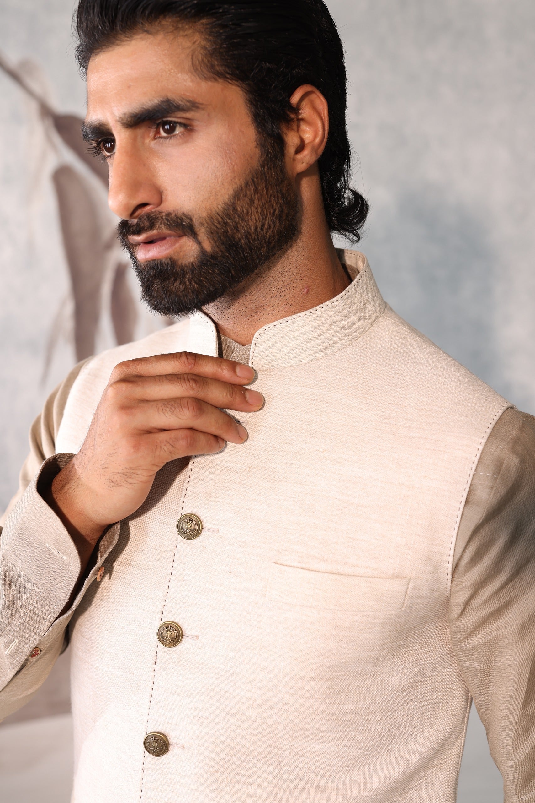 military-inspired green sadri set with leather piping, kurta & pyjama