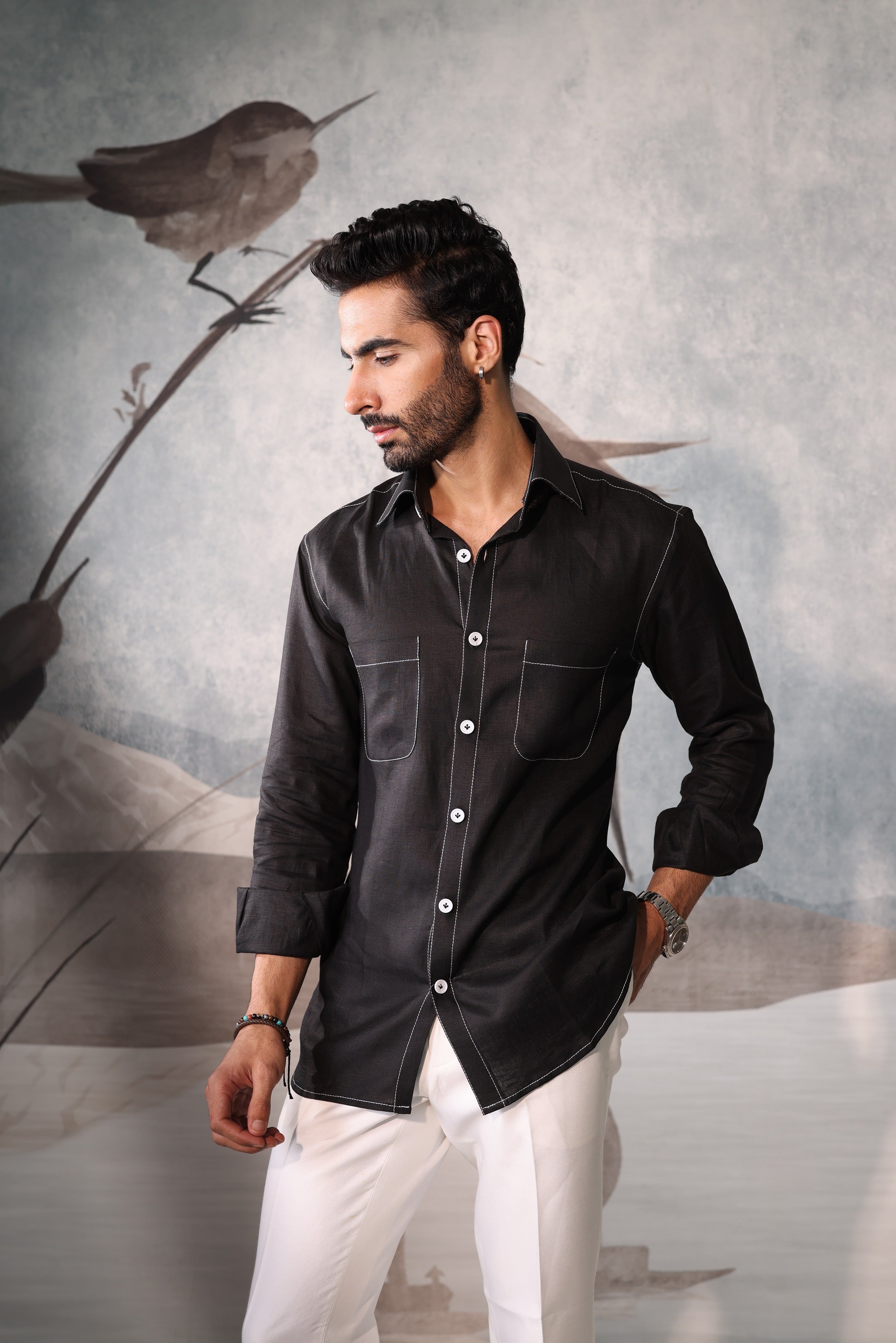 4 pocket linen Black shirt