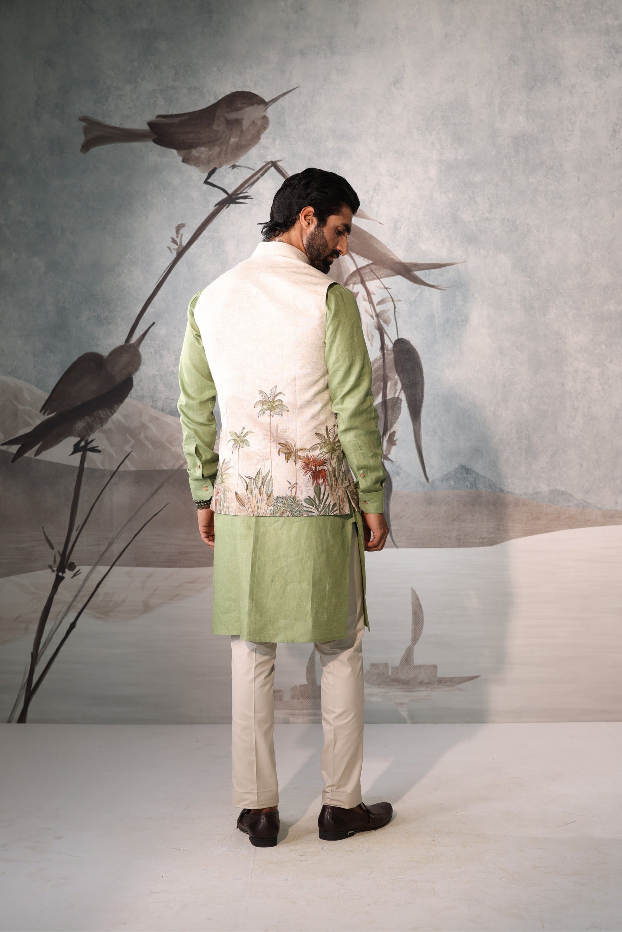 “Pastel Green Kurta with Ivory Printed Nehru Jacket”