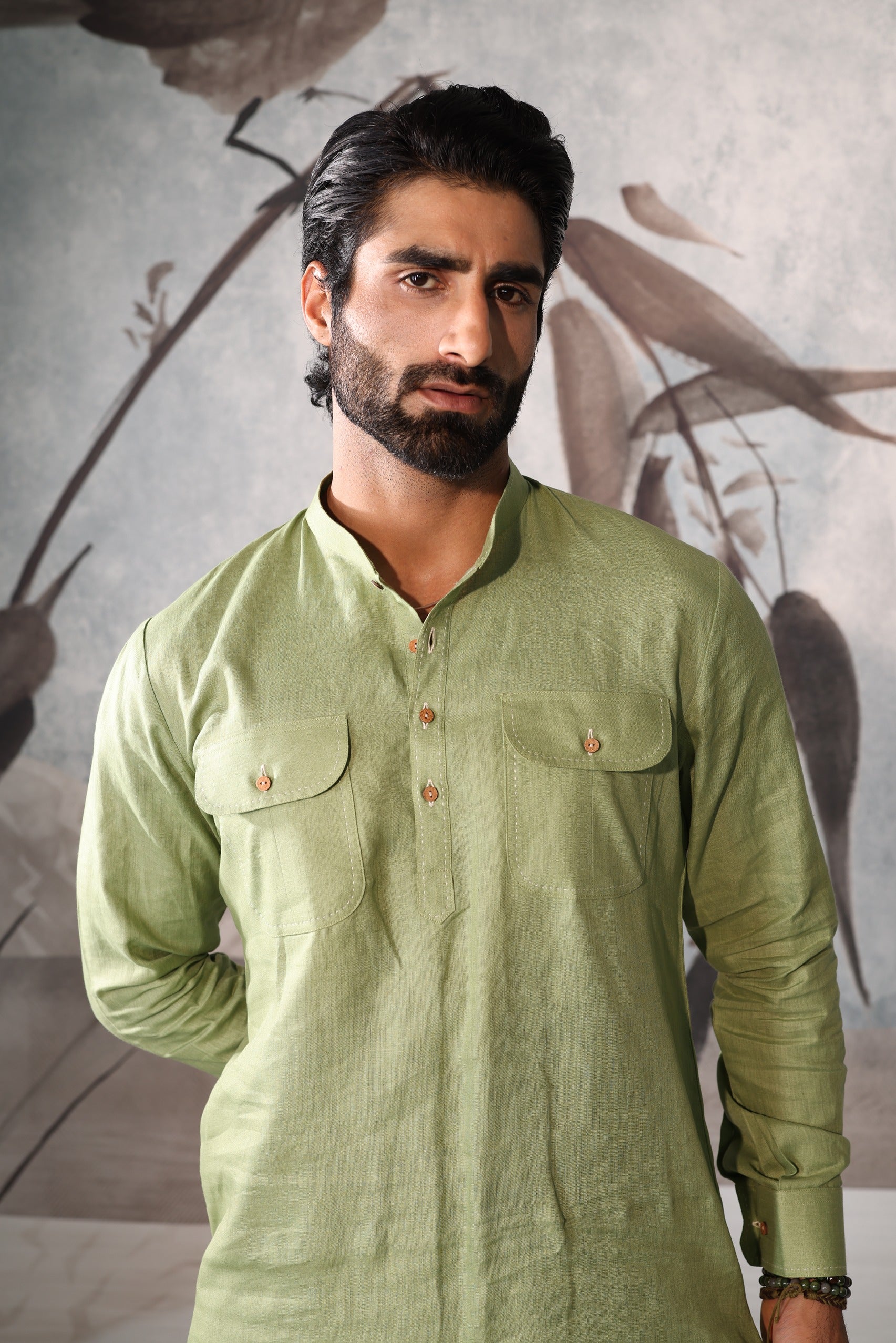 “Pastel Green Kurta with Ivory Printed Nehru Jacket”