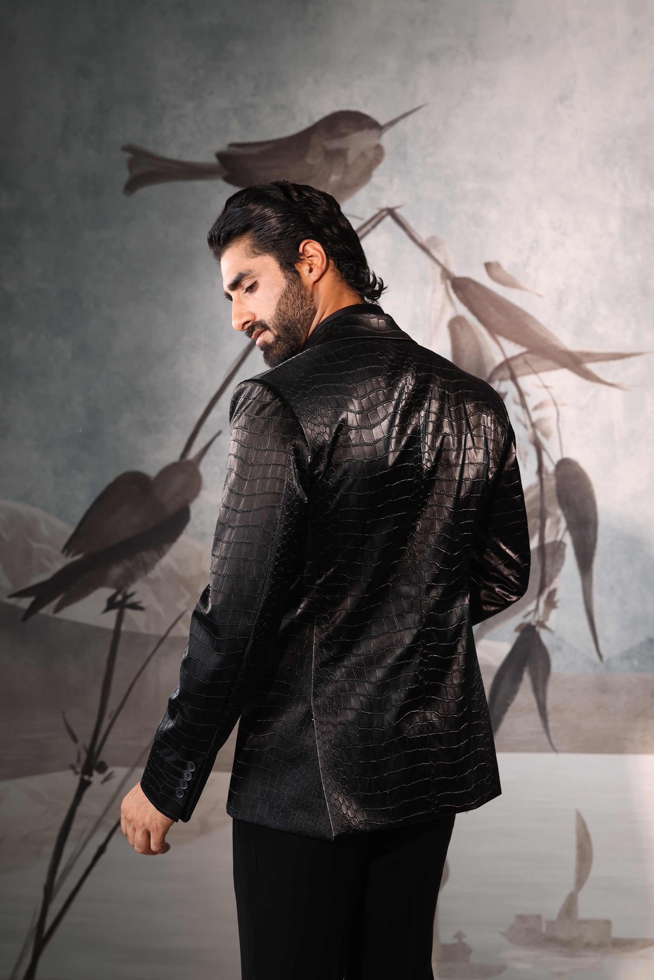 Midnight Black jacqard Textured jacket with Patterned Shirt