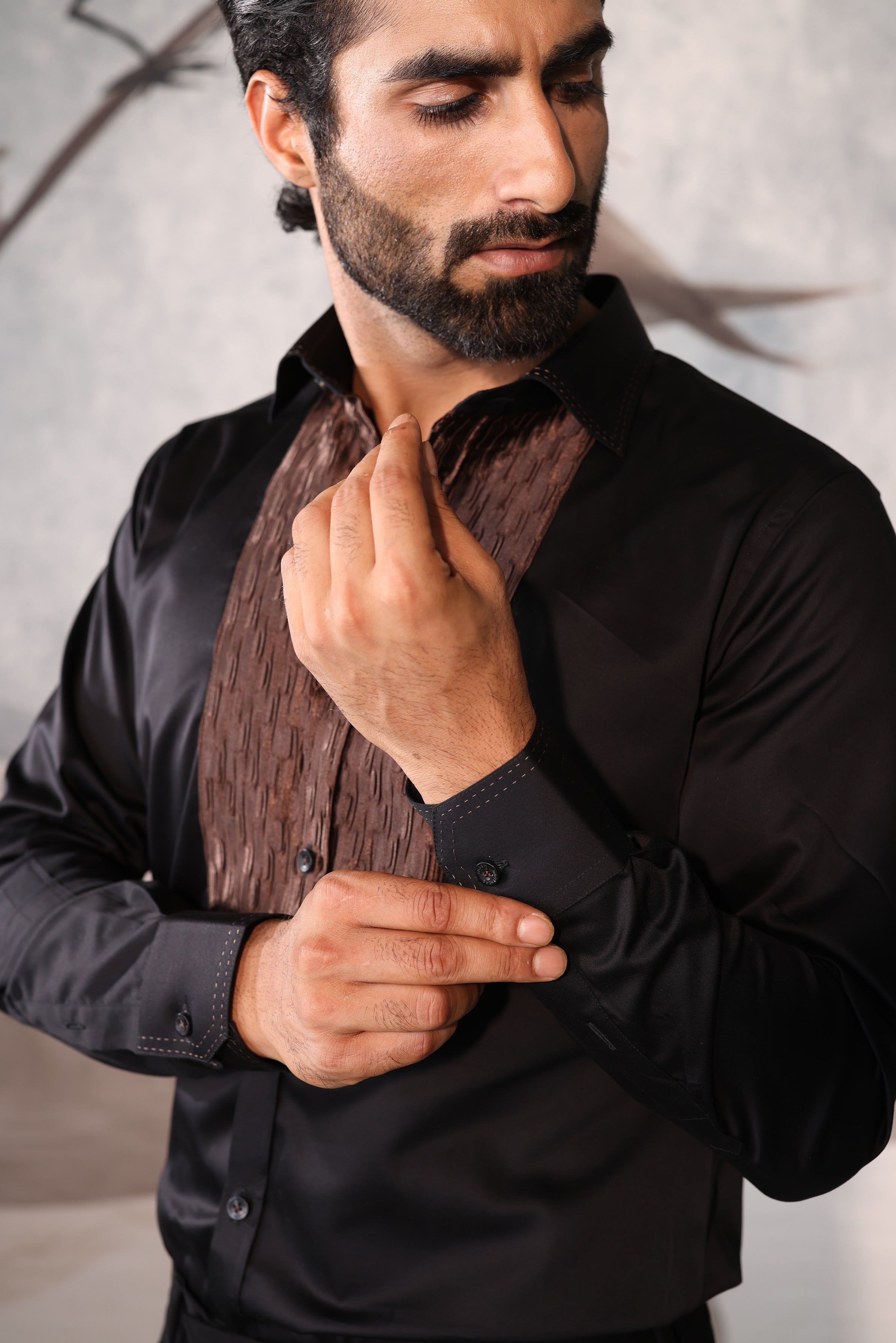 Midnight Black jacqard Textured jacket with Patterned Shirt