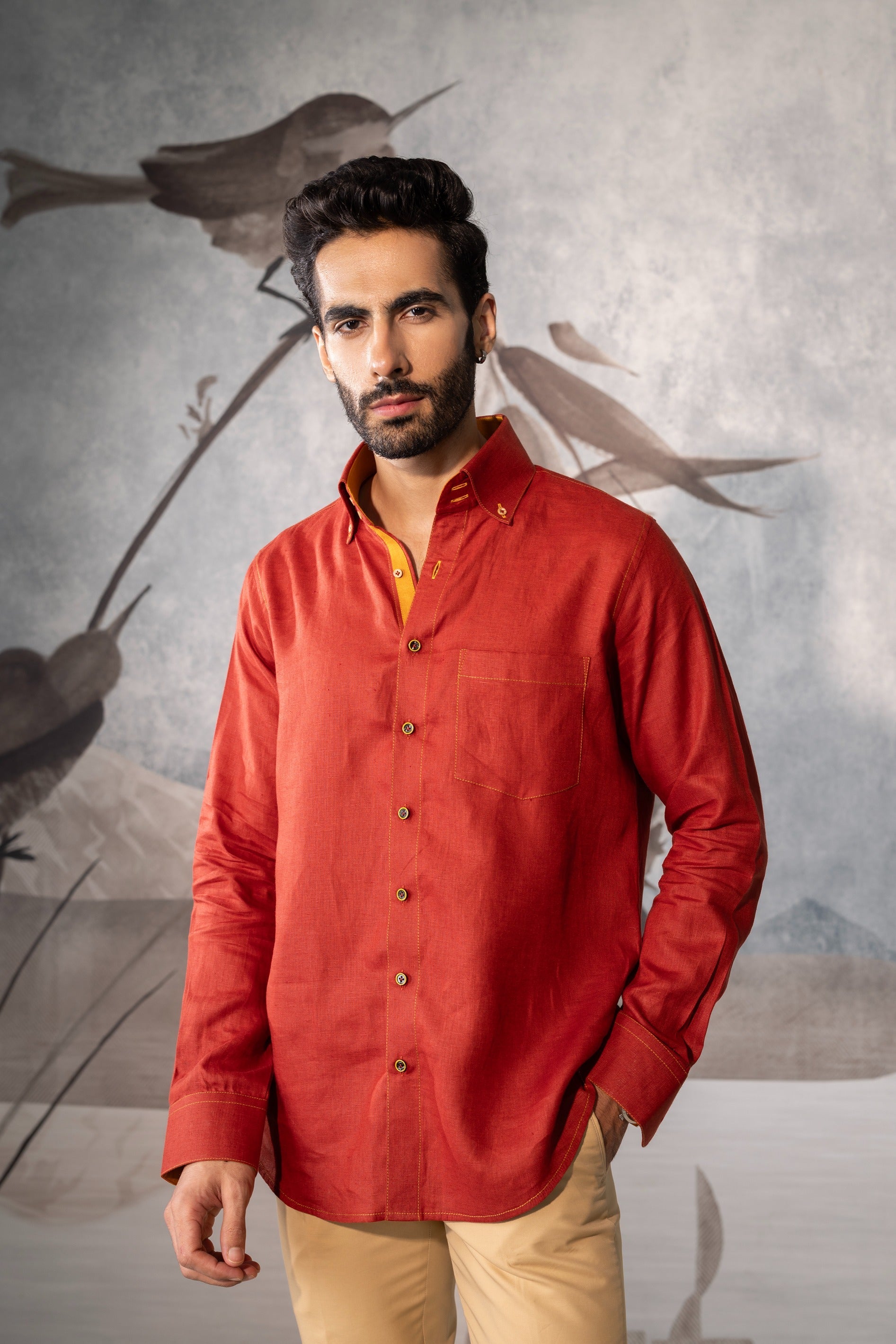Rust linen shirt with lion embroidery