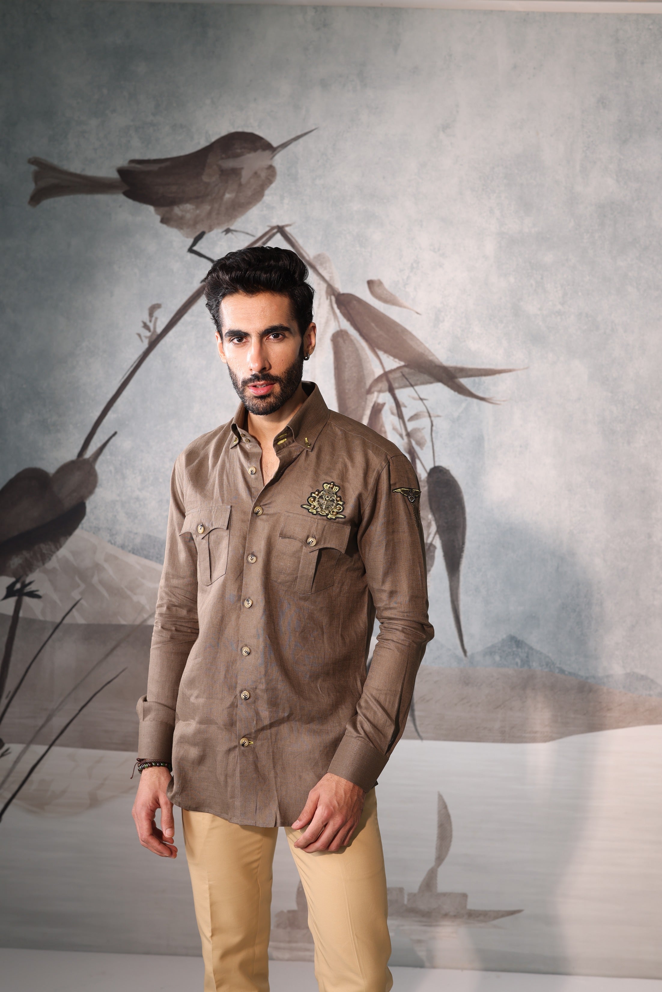 Desert khakhi linen safari shirt with embroidered badges