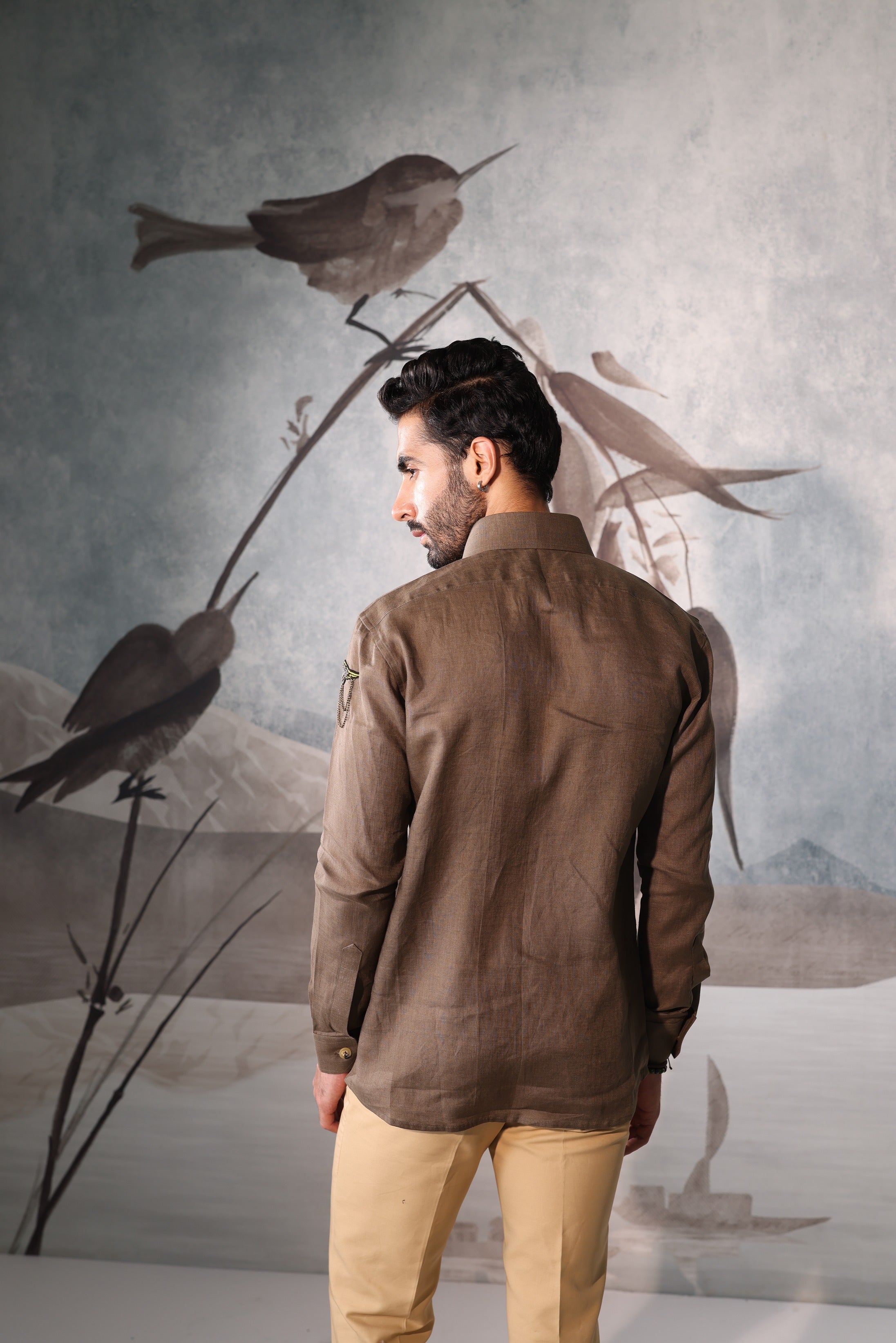 Desert khakhi linen safari shirt with embroidered badges