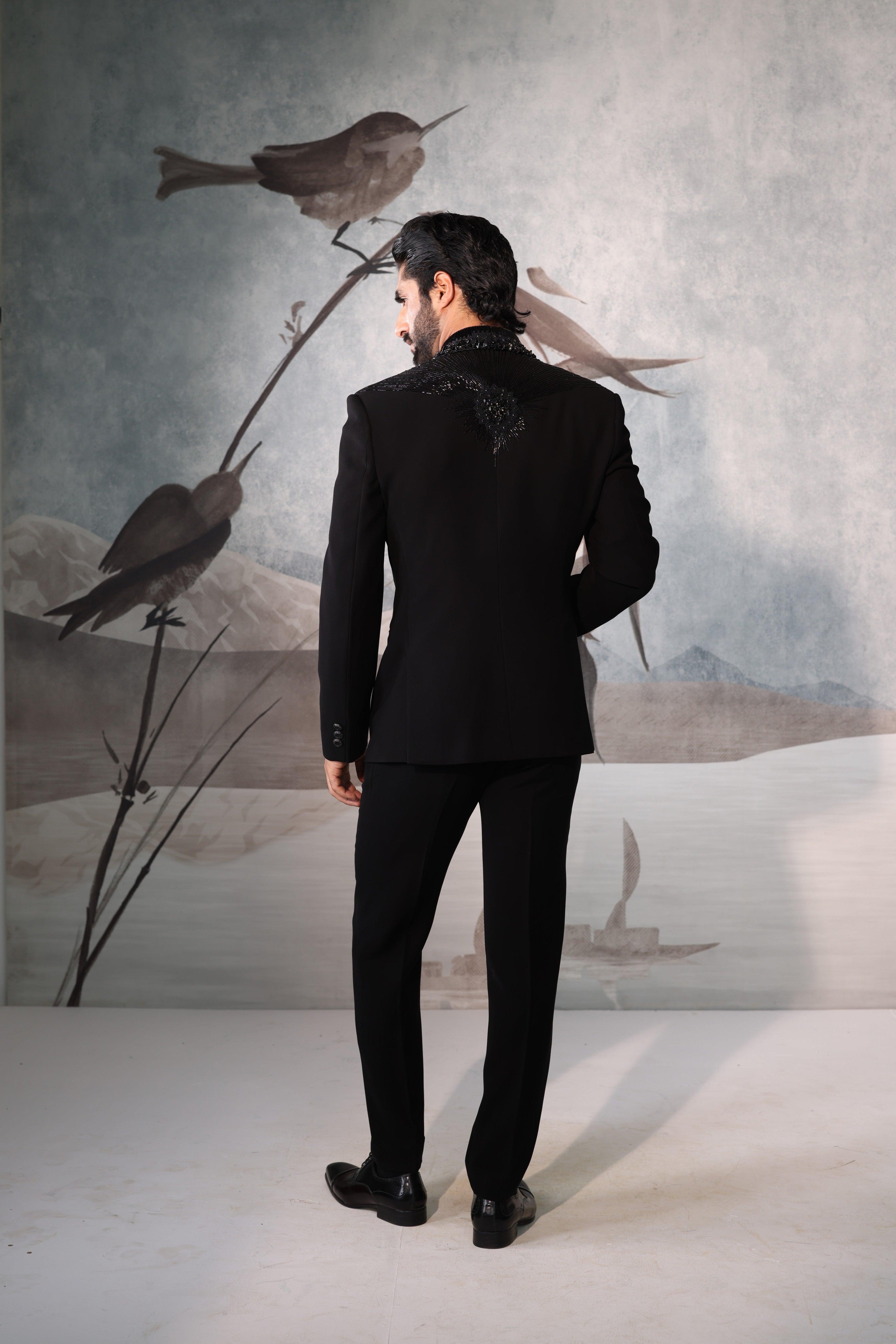 Black tuxedo with collar embroidery and embroidery work