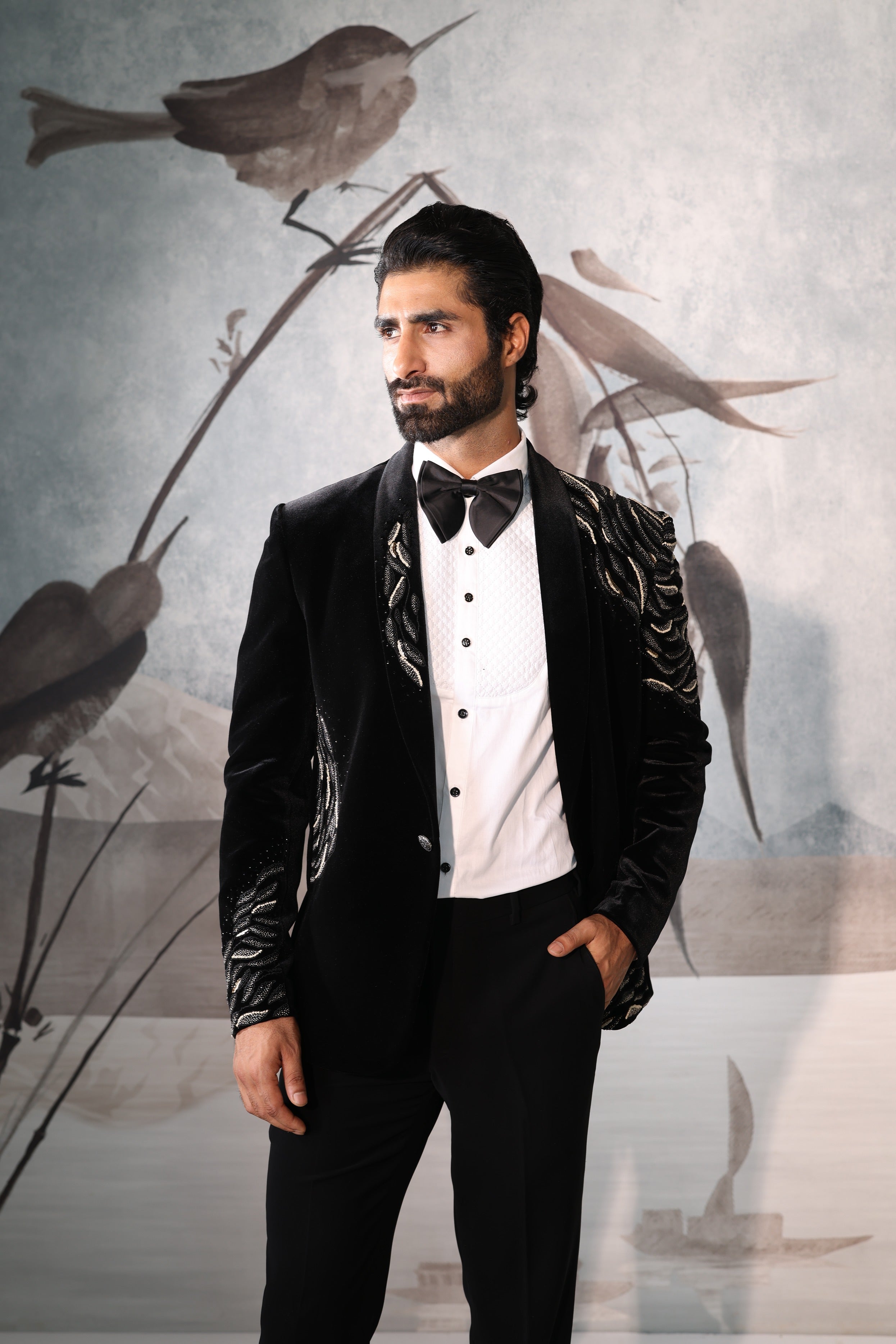 Velvet Shawl collar tuxedo with hand embroidery