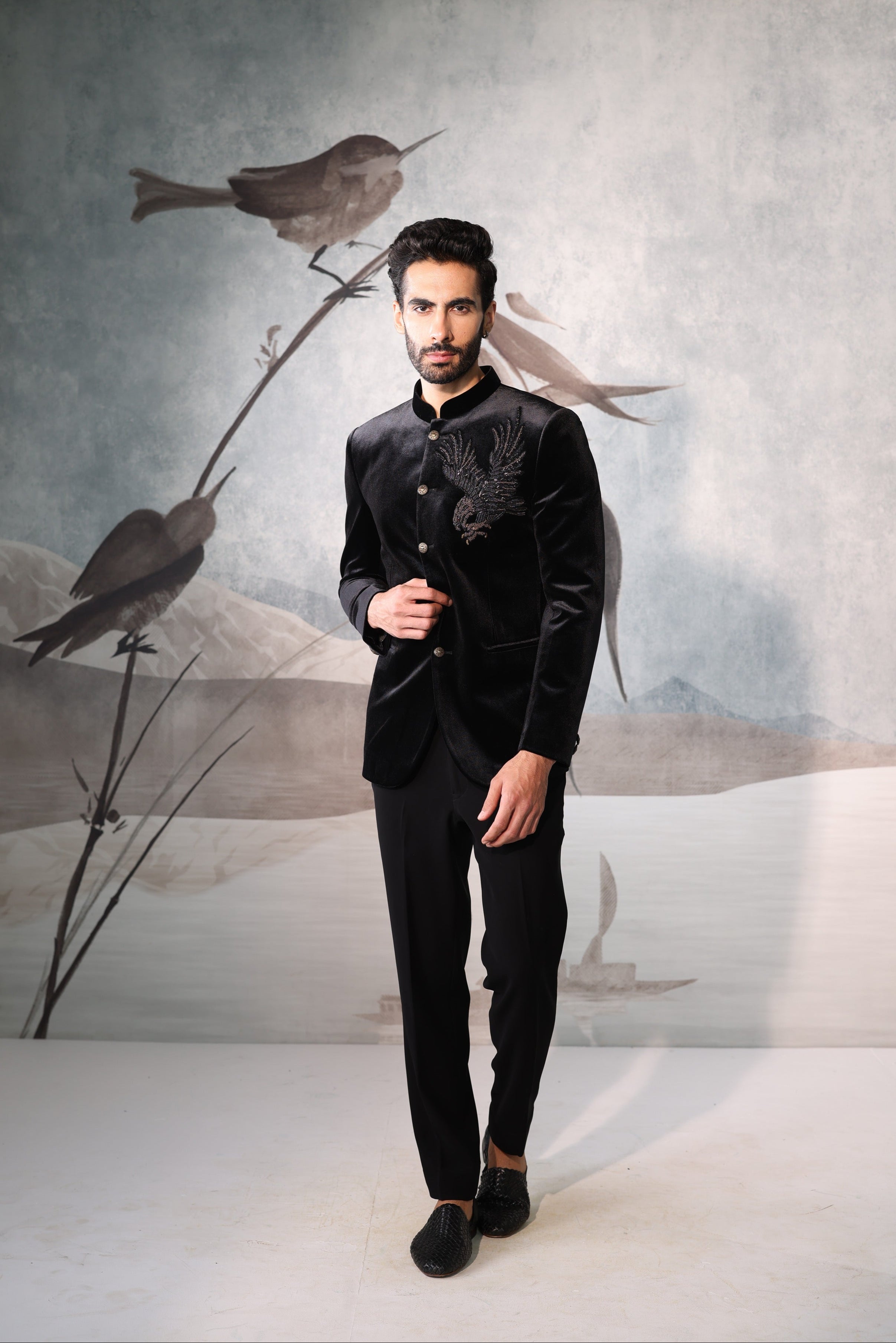 Black Bandhgala with bird design