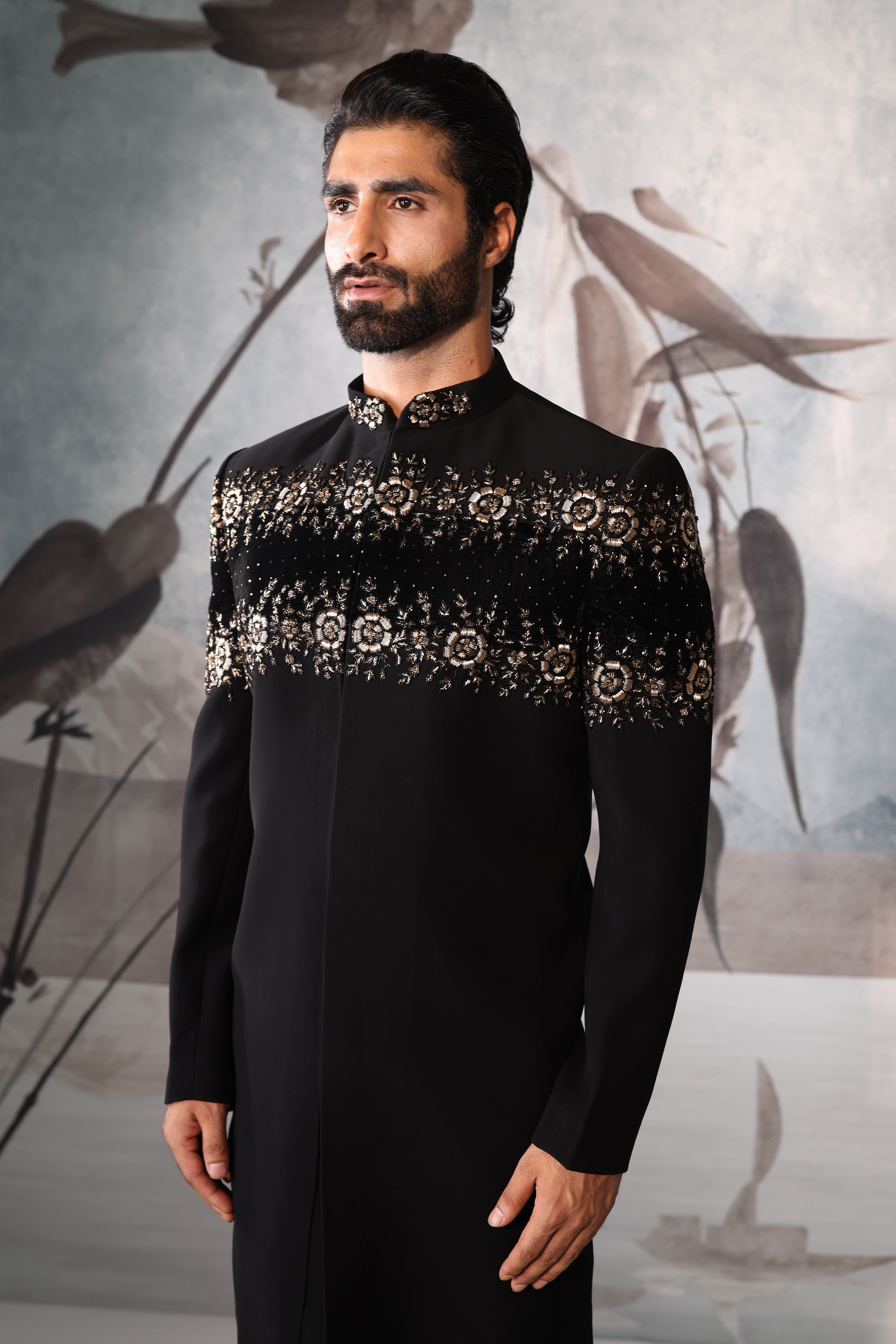 Black indowester with chest and shoulder embroidery with embroidery detailing stole