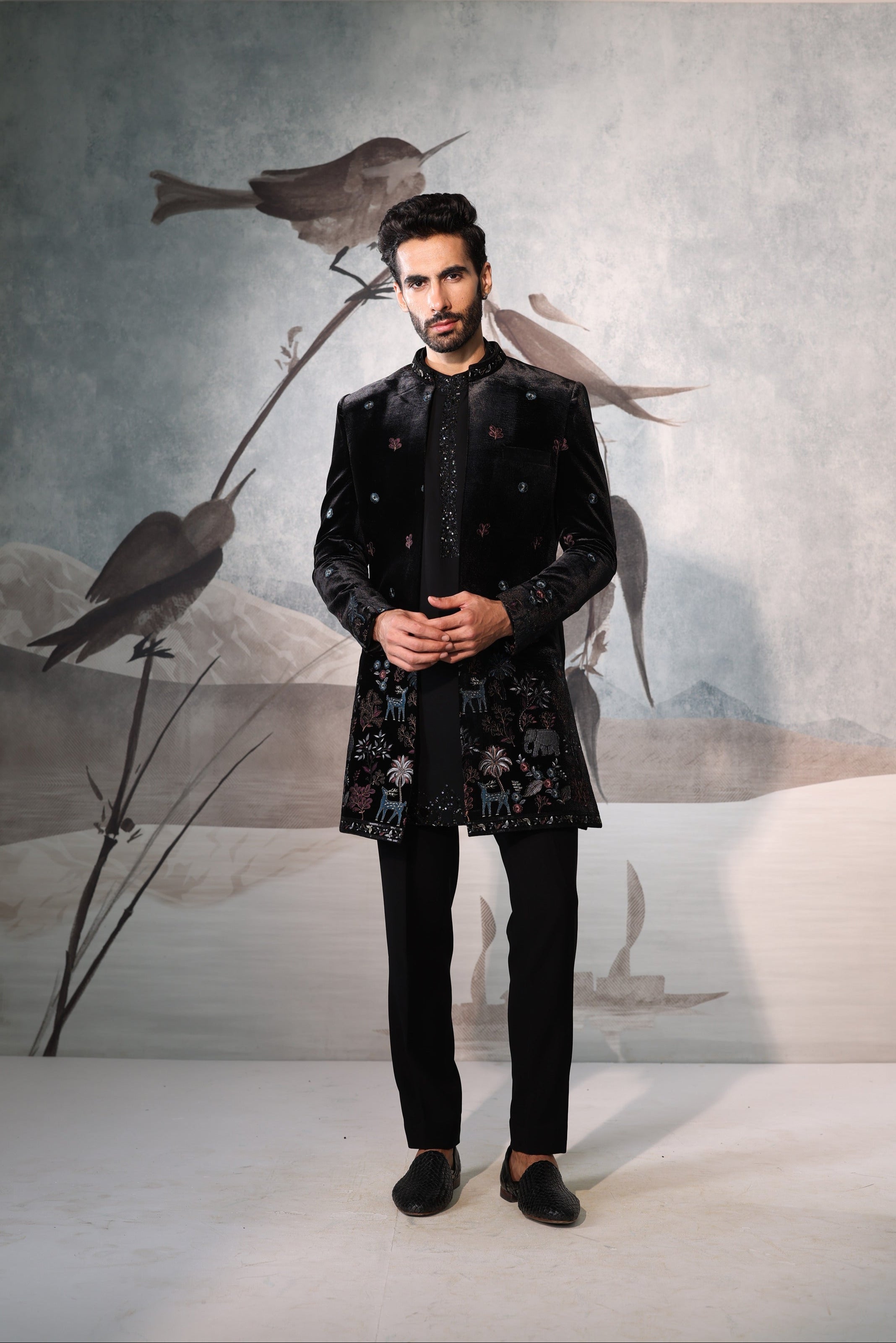 Black velvet colourful thread work indowestern with kurta placket embroidery work