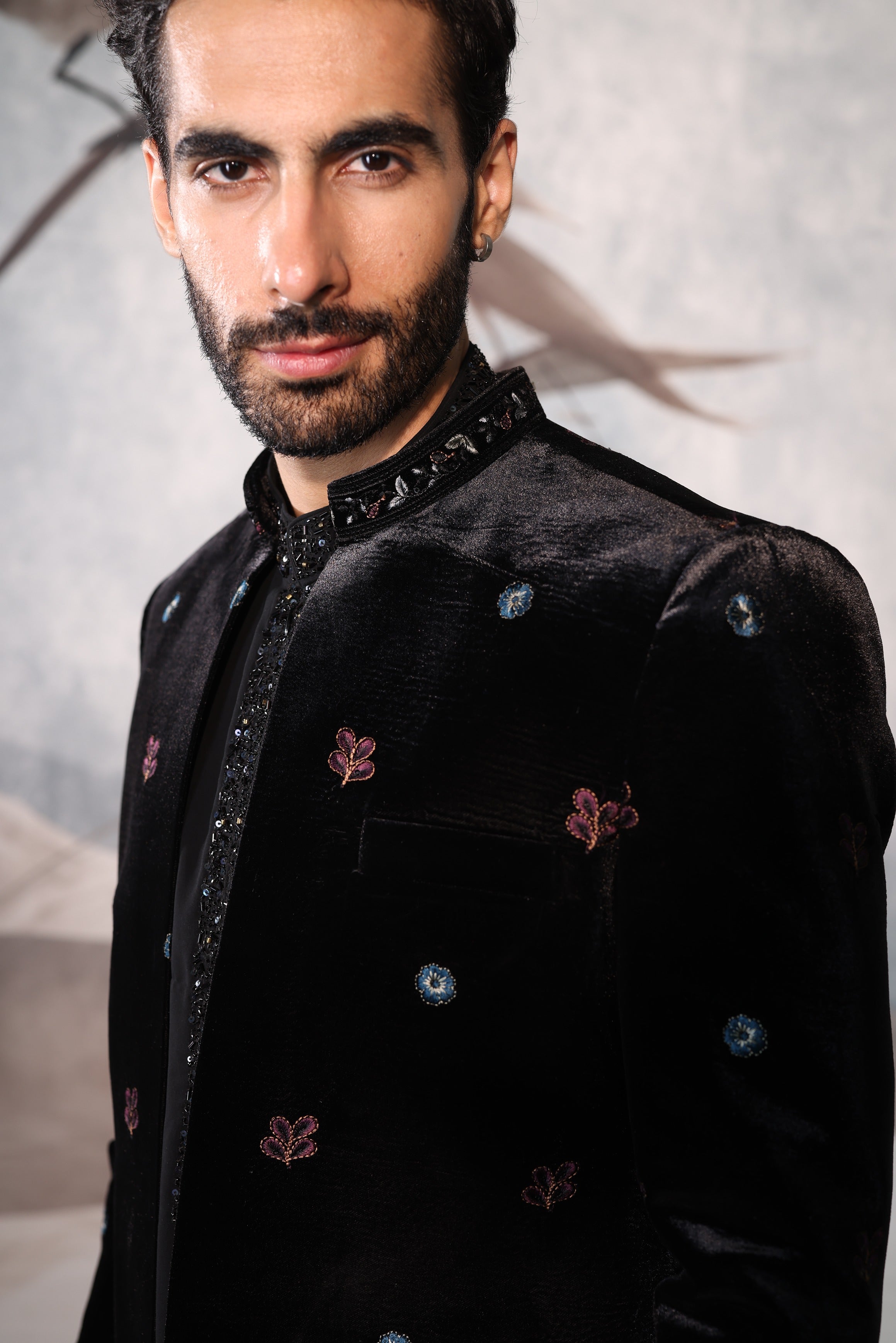 Black velvet colourful thread work indowestern with kurta placket embroidery work