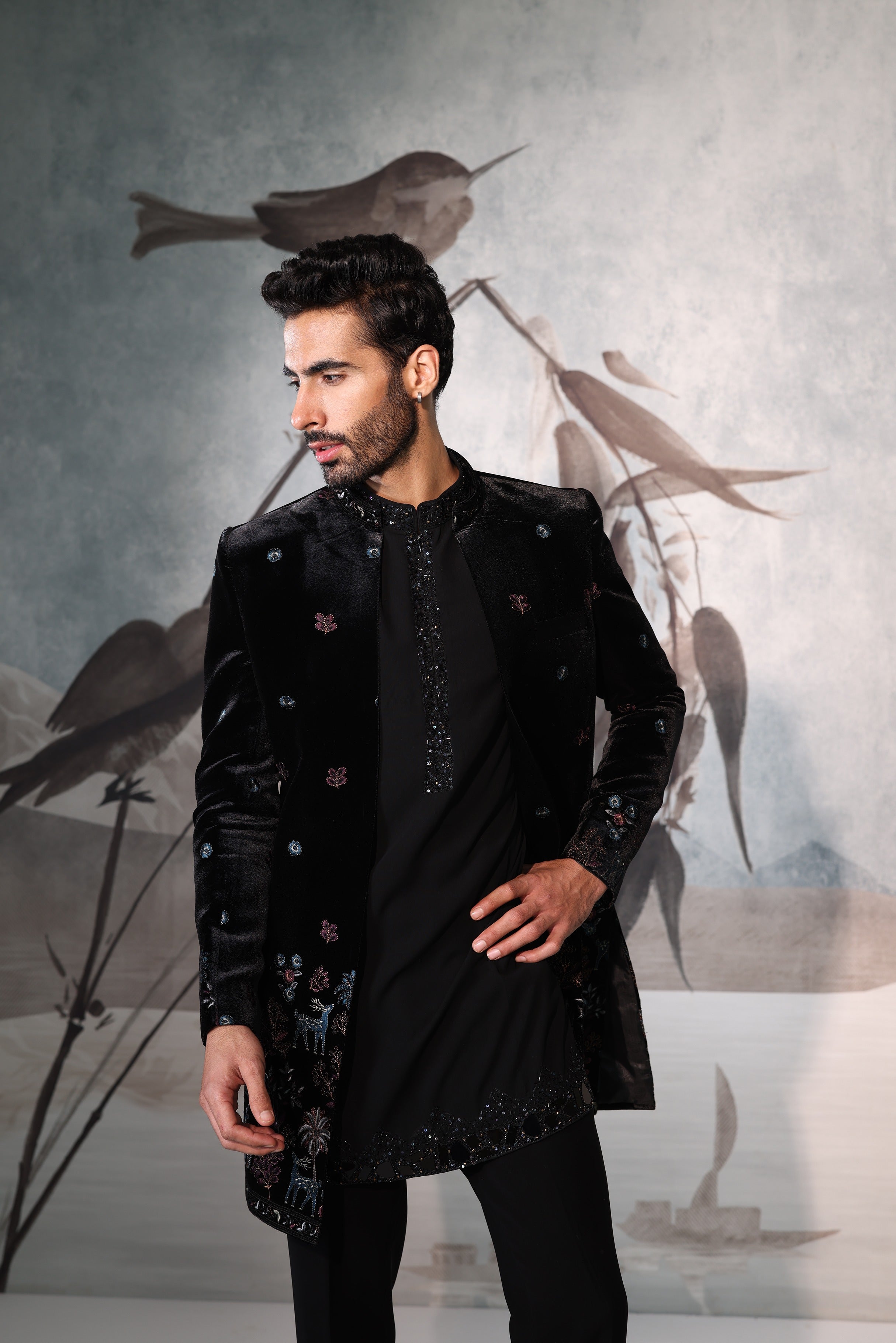 Black velvet colourful thread work indowestern with kurta placket embroidery work