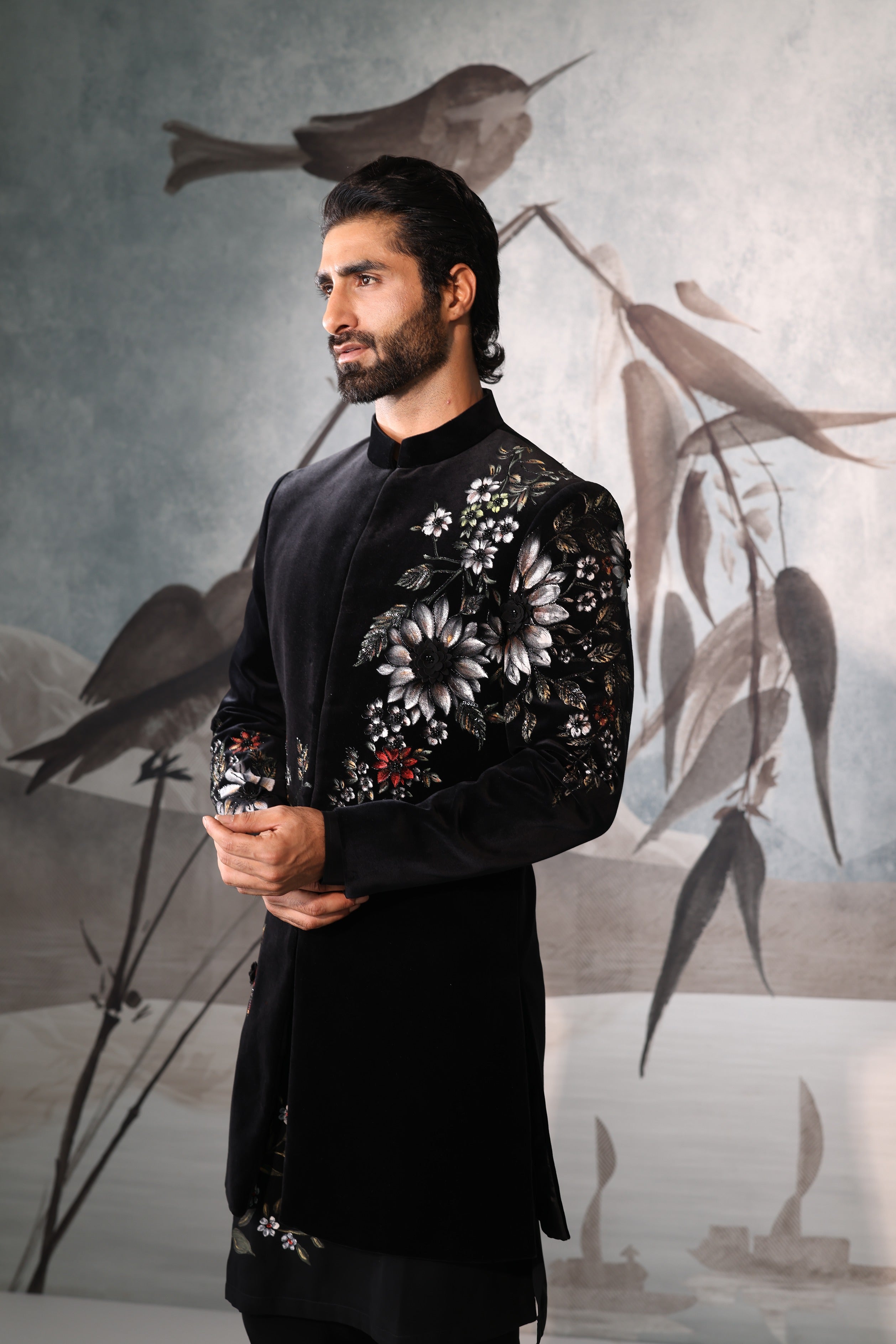 Floral hand paint black velvet indowestern with kurta