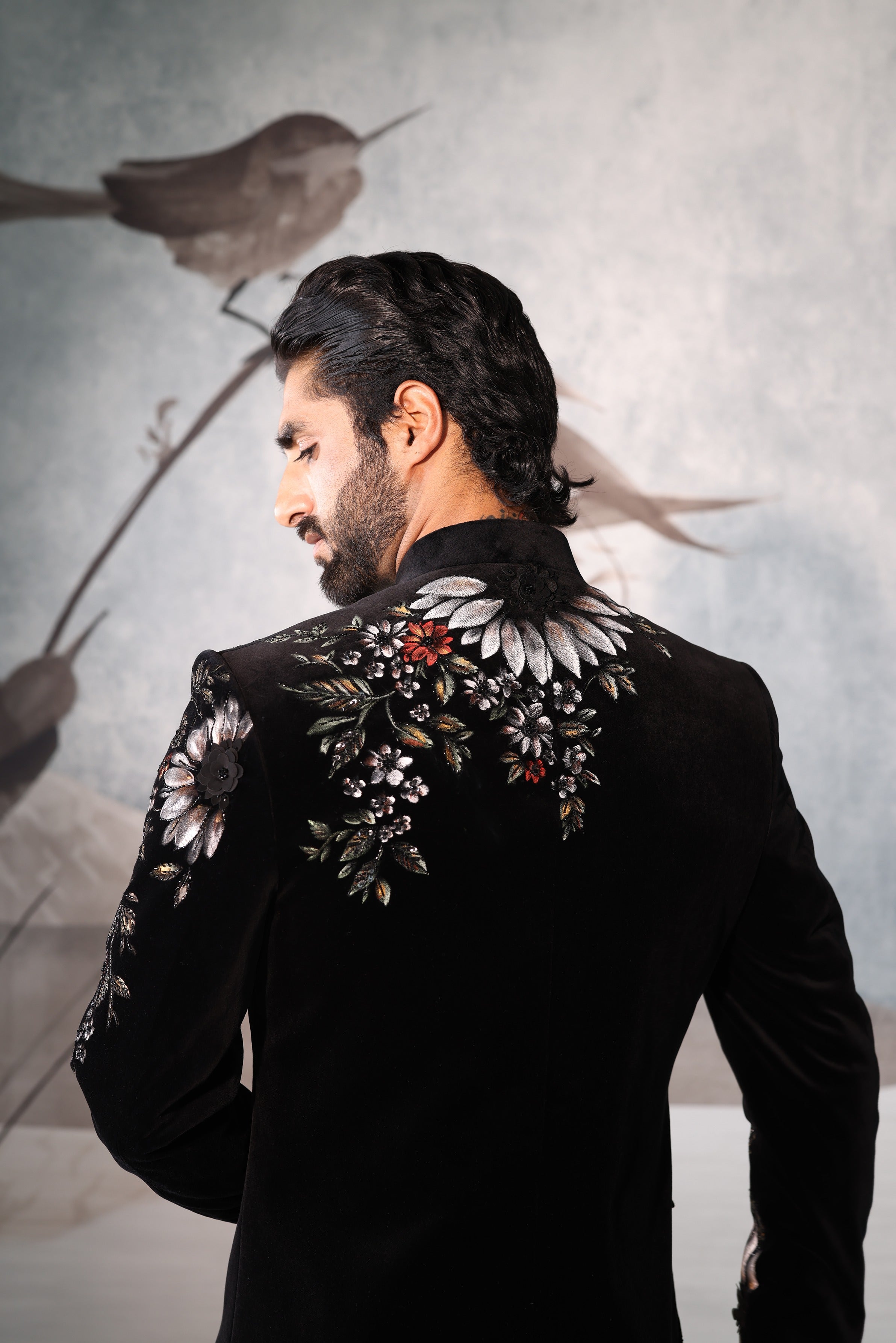 Floral hand paint black velvet indowestern with kurta