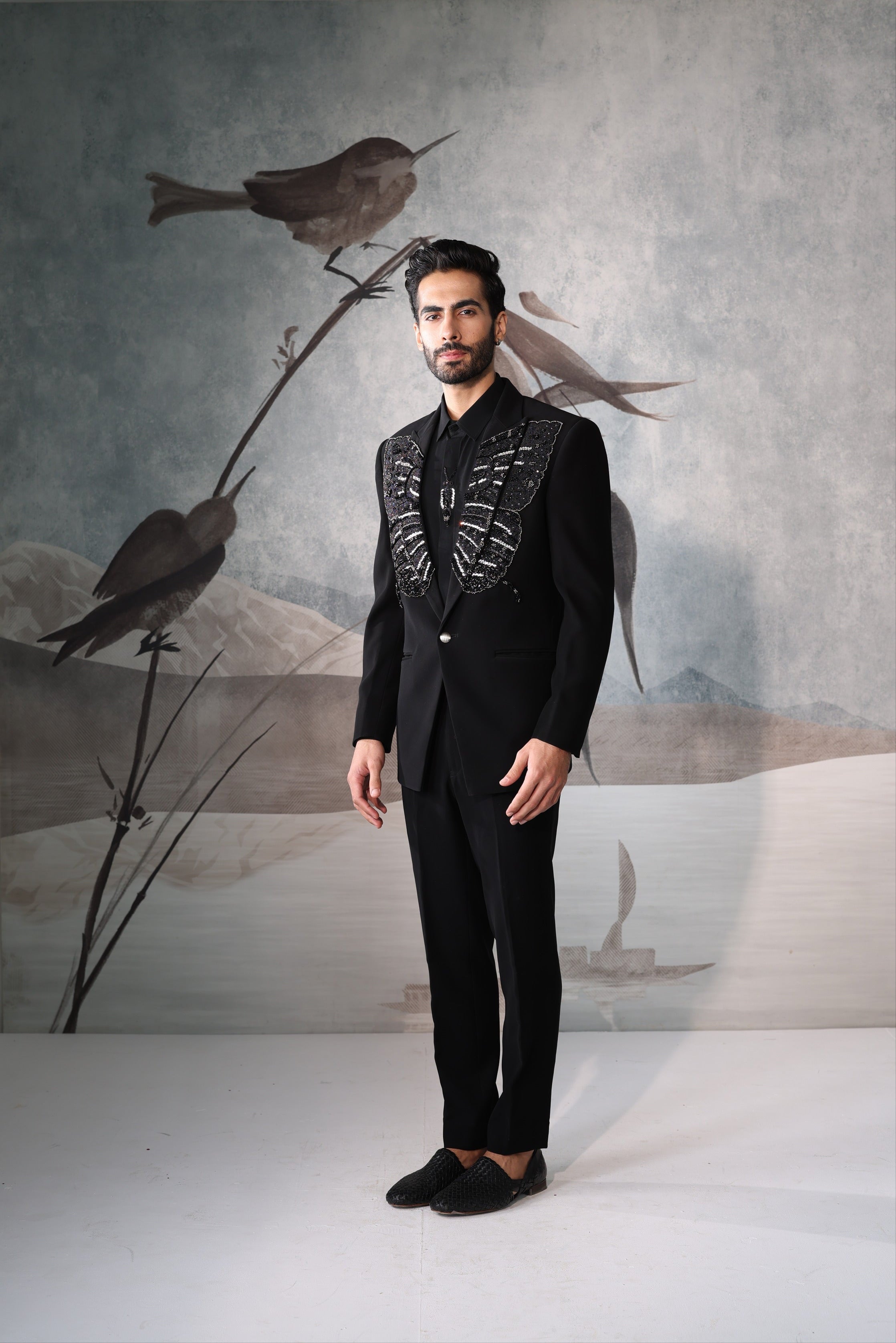 Men’s Black Designer Tuxedo Suit with Embroidered Lapel