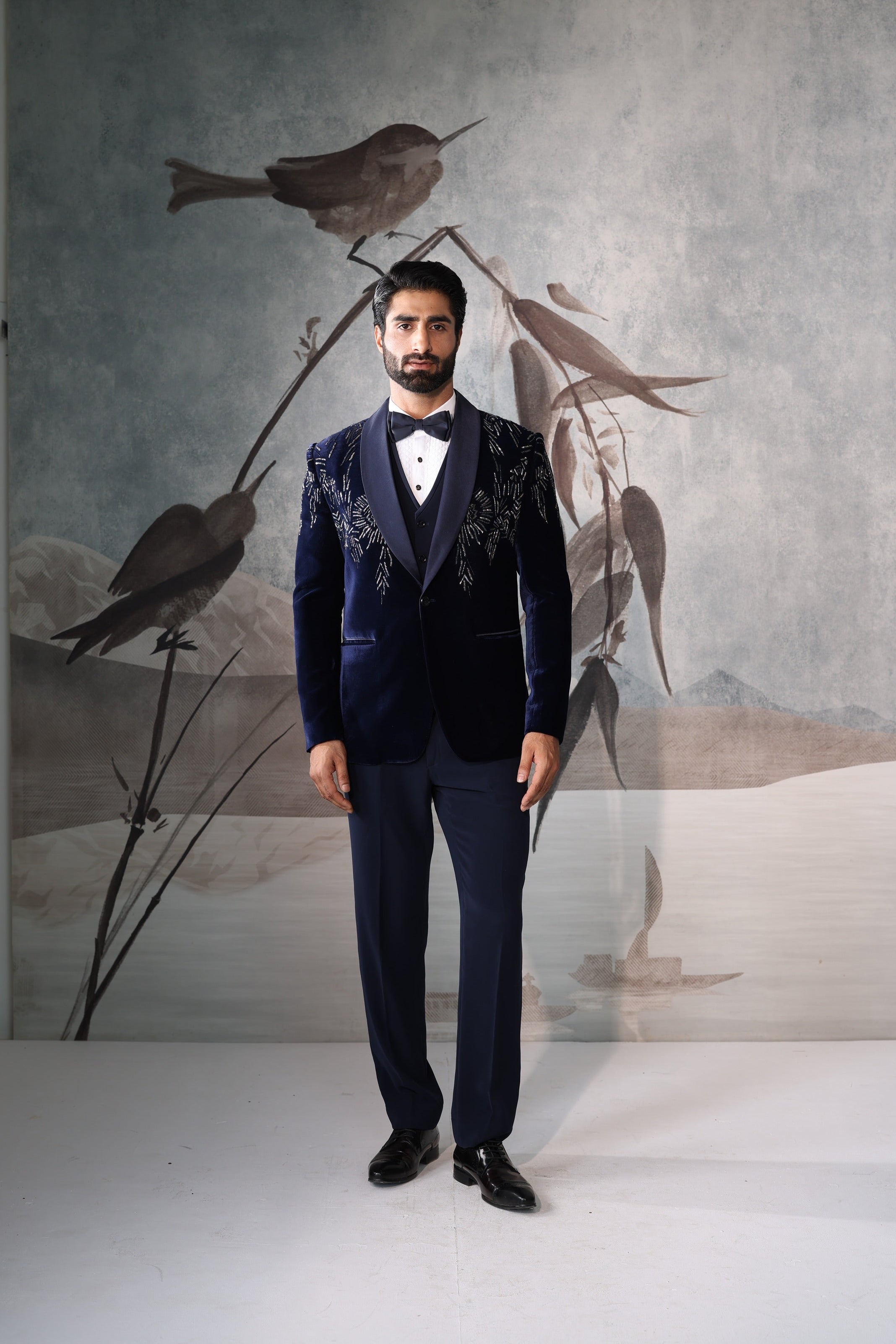 Blue velvet tuxedo with embroidery work