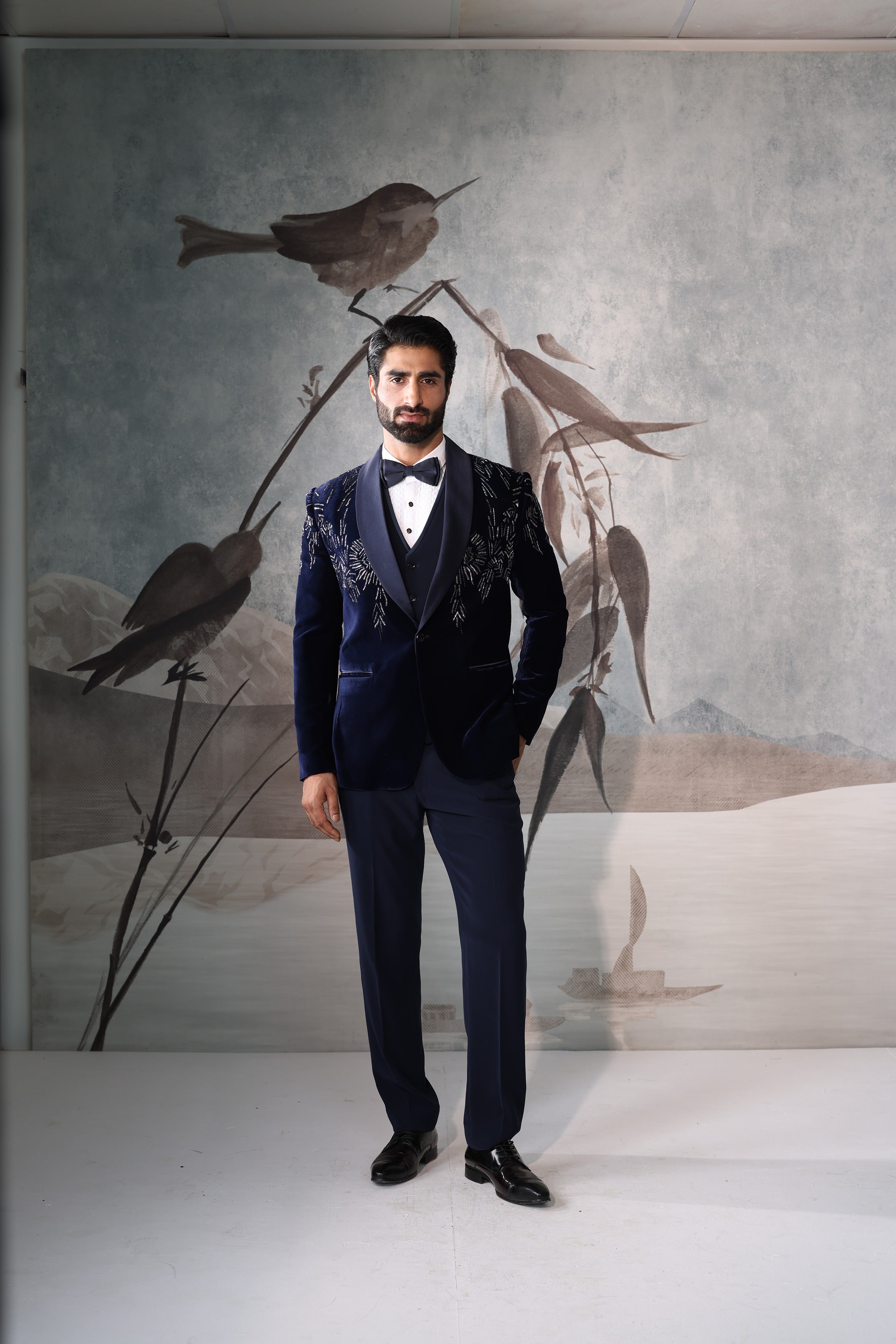 Blue velvet tuxedo with embroidery work