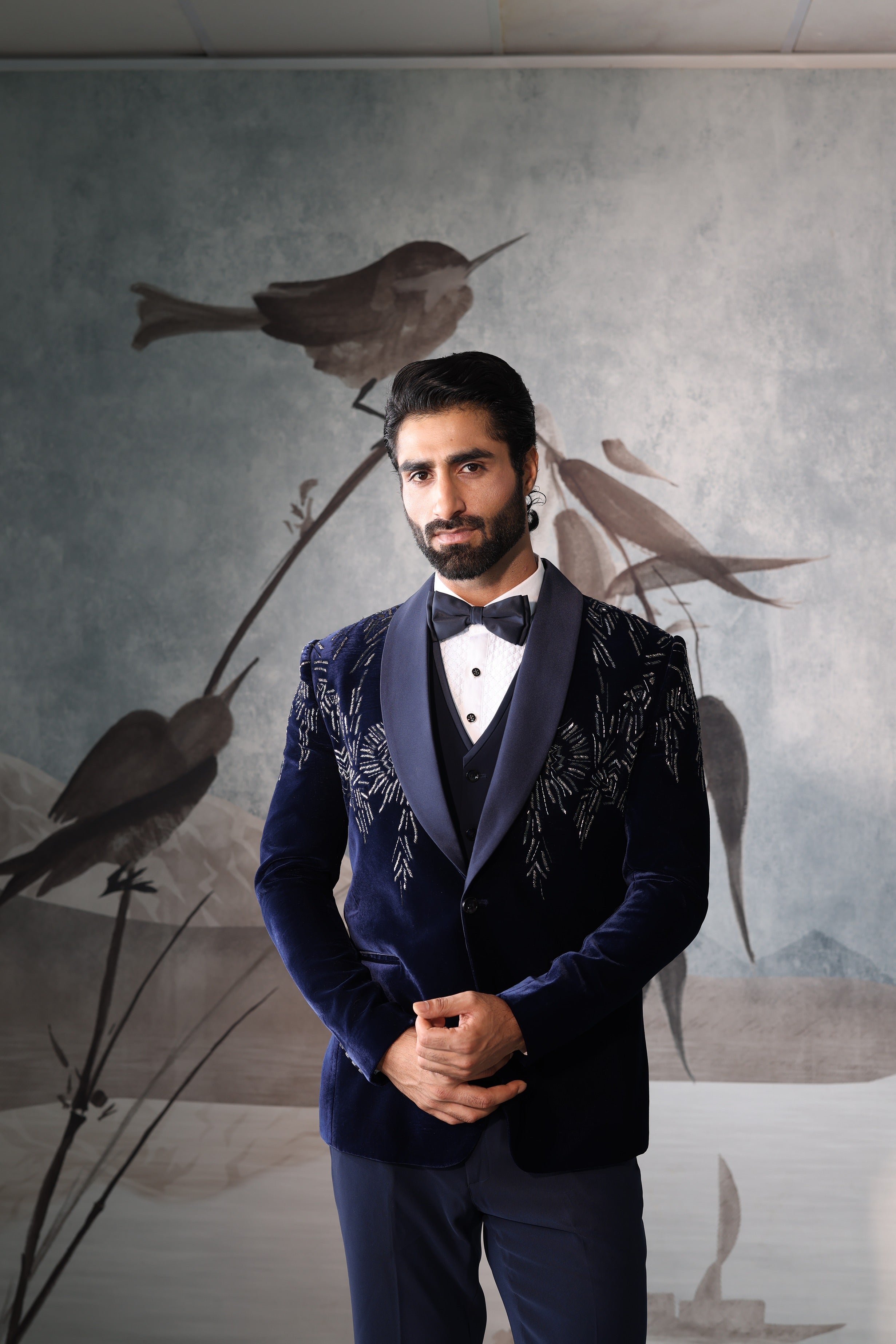 Blue velvet tuxedo with embroidery work