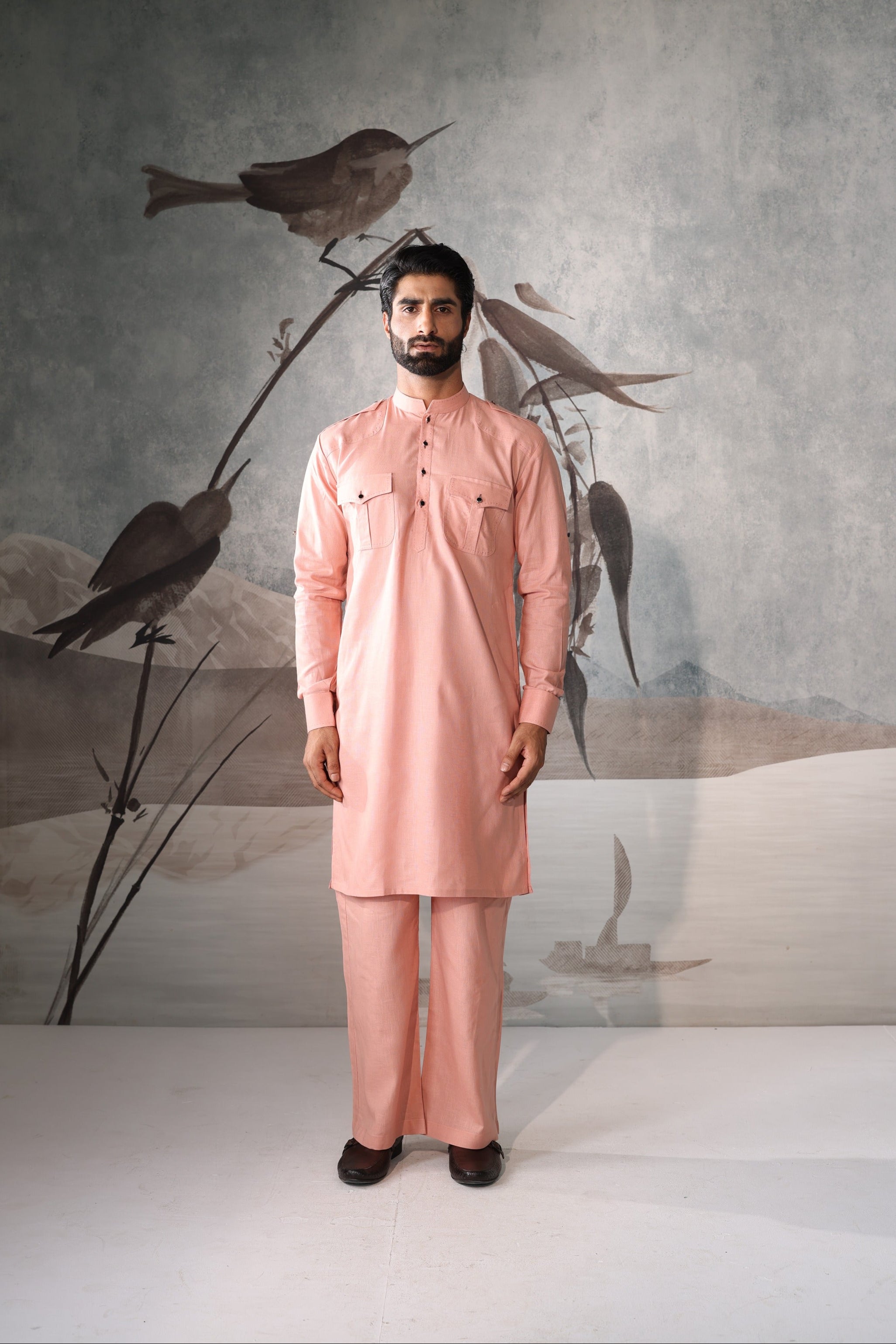 Men's Peach Textured Kurta Set with Mandarin Collar & Utility Pockets