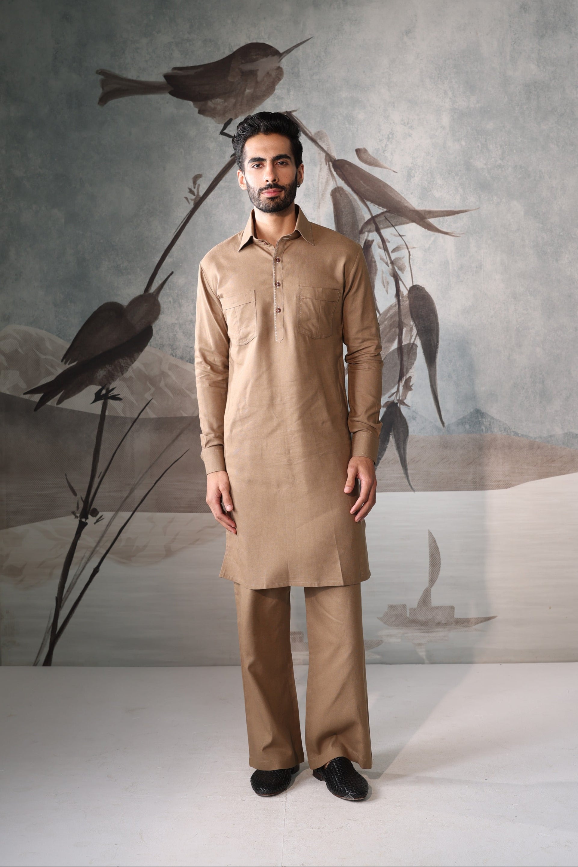 Men's Beige linen saif kurta set