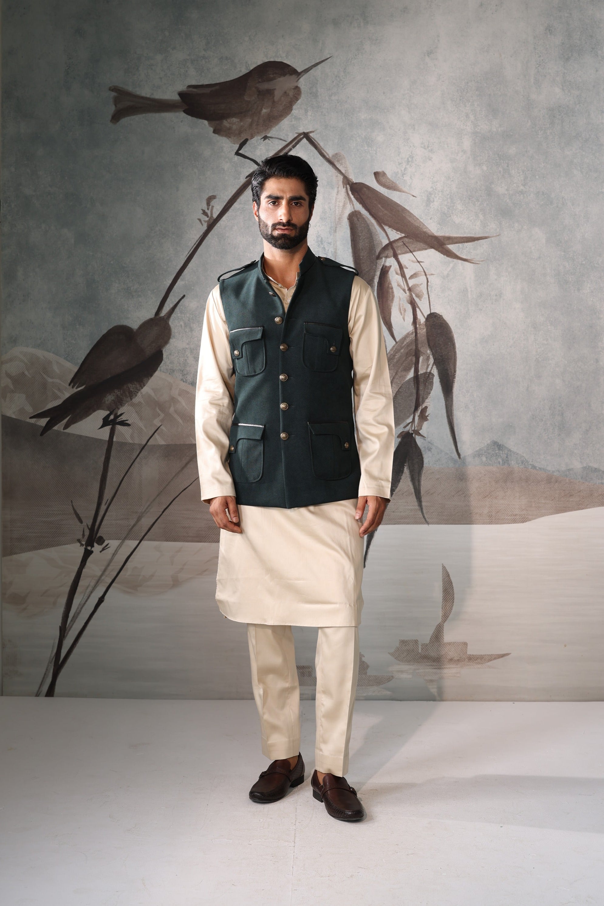 Green 4 pocket sadri set