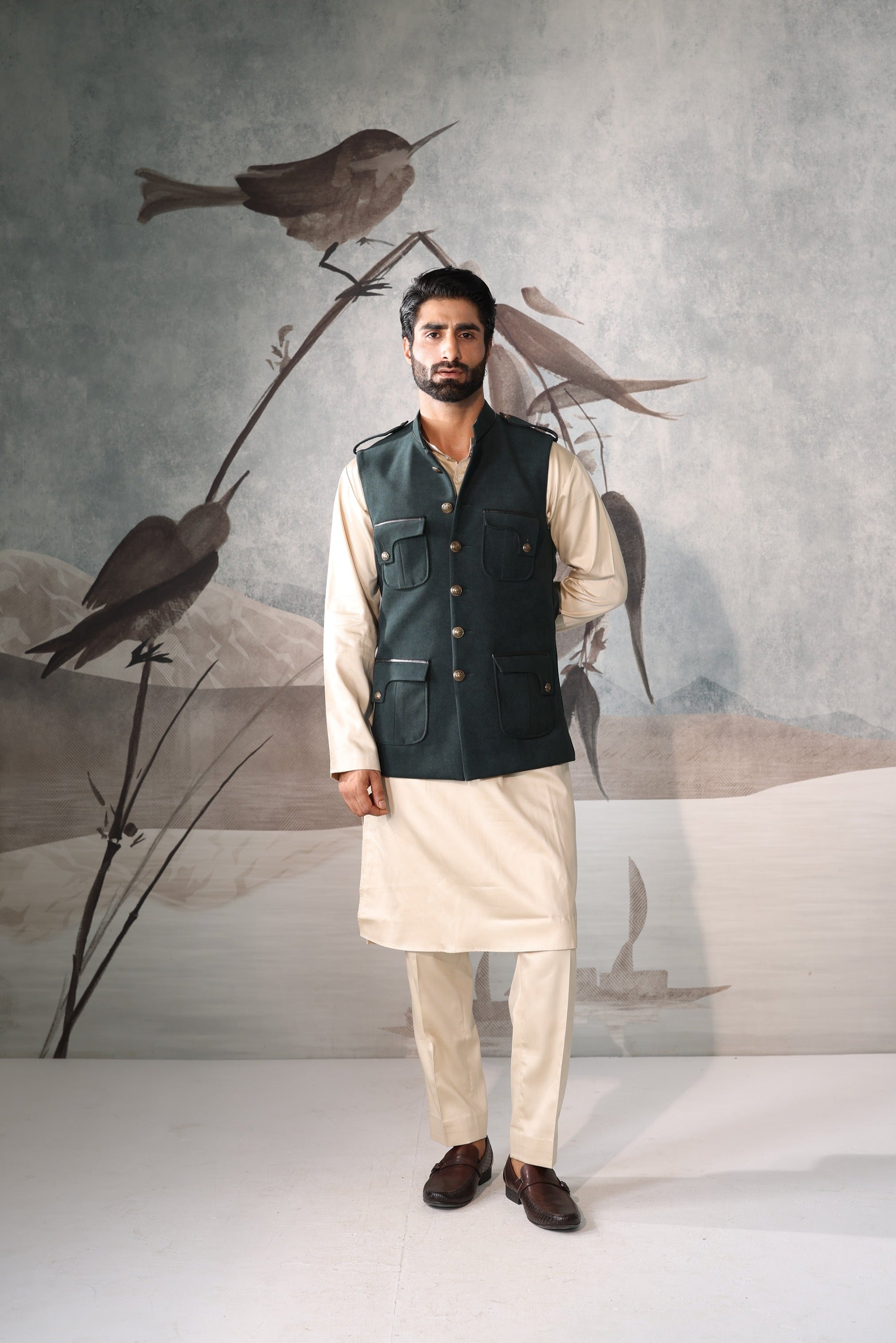 Green 4 pocket sadri set