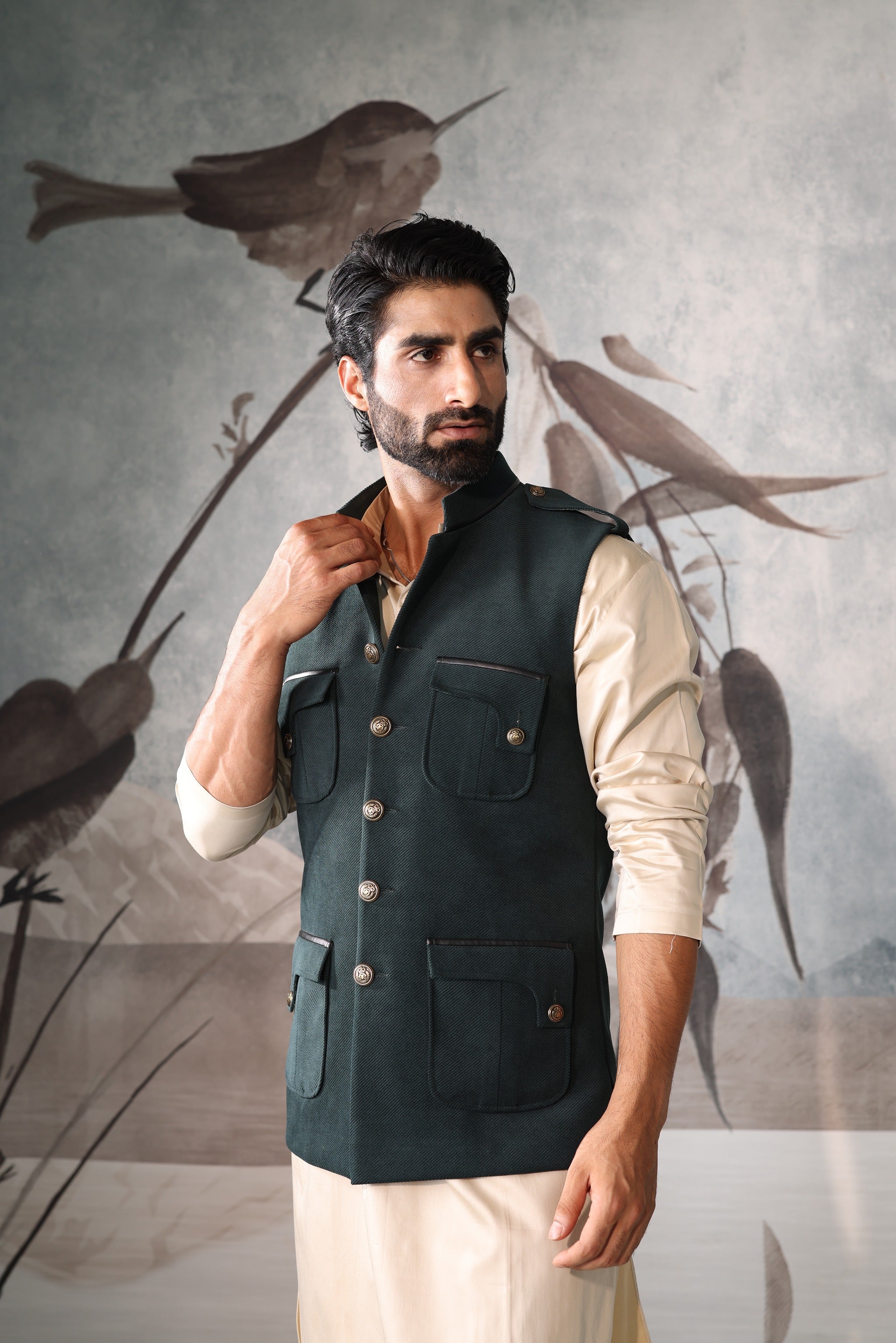 Green 4 pocket sadri set