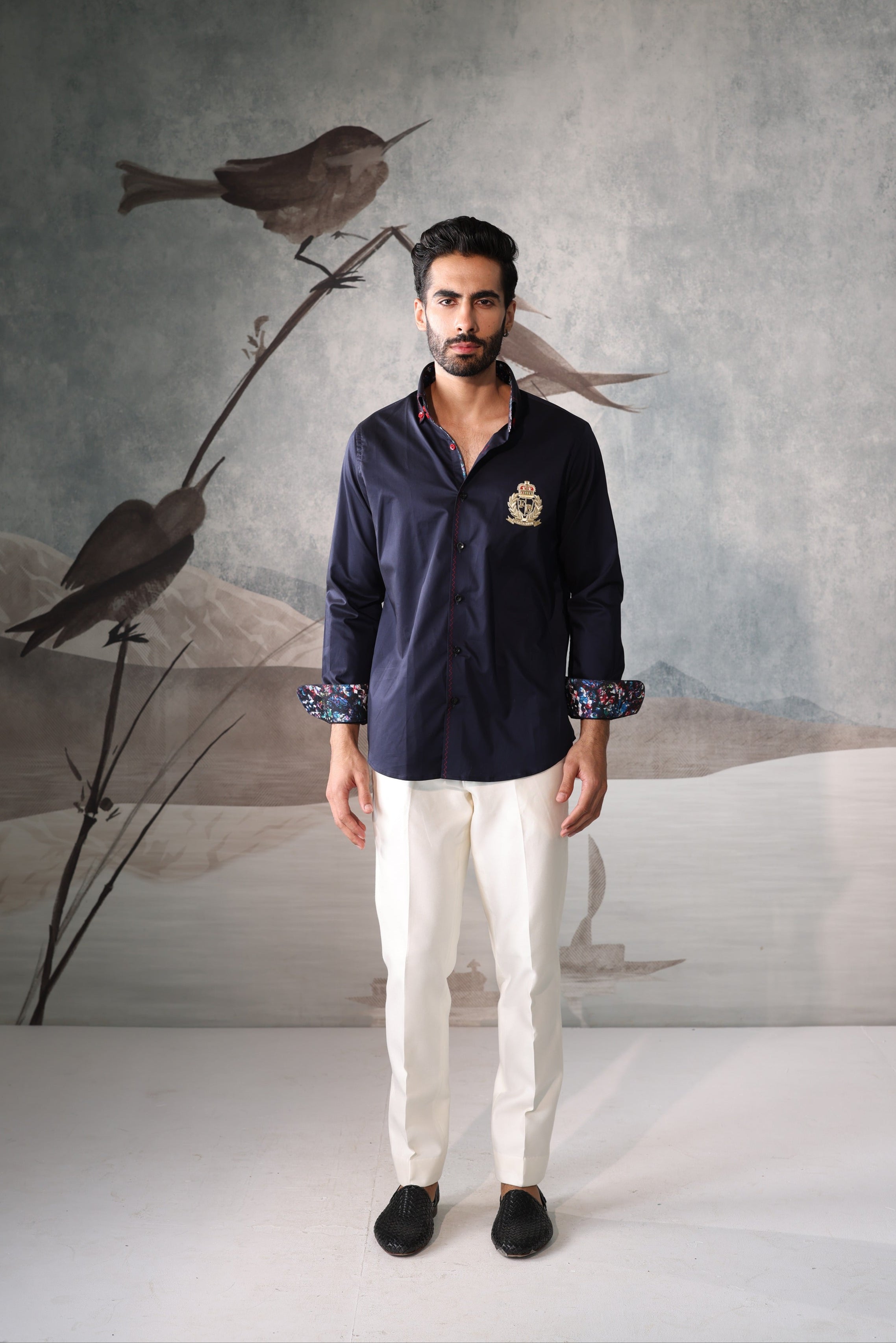 Men's Navy Crest Embroidered Shirt with Printed Contrast Cuffs
