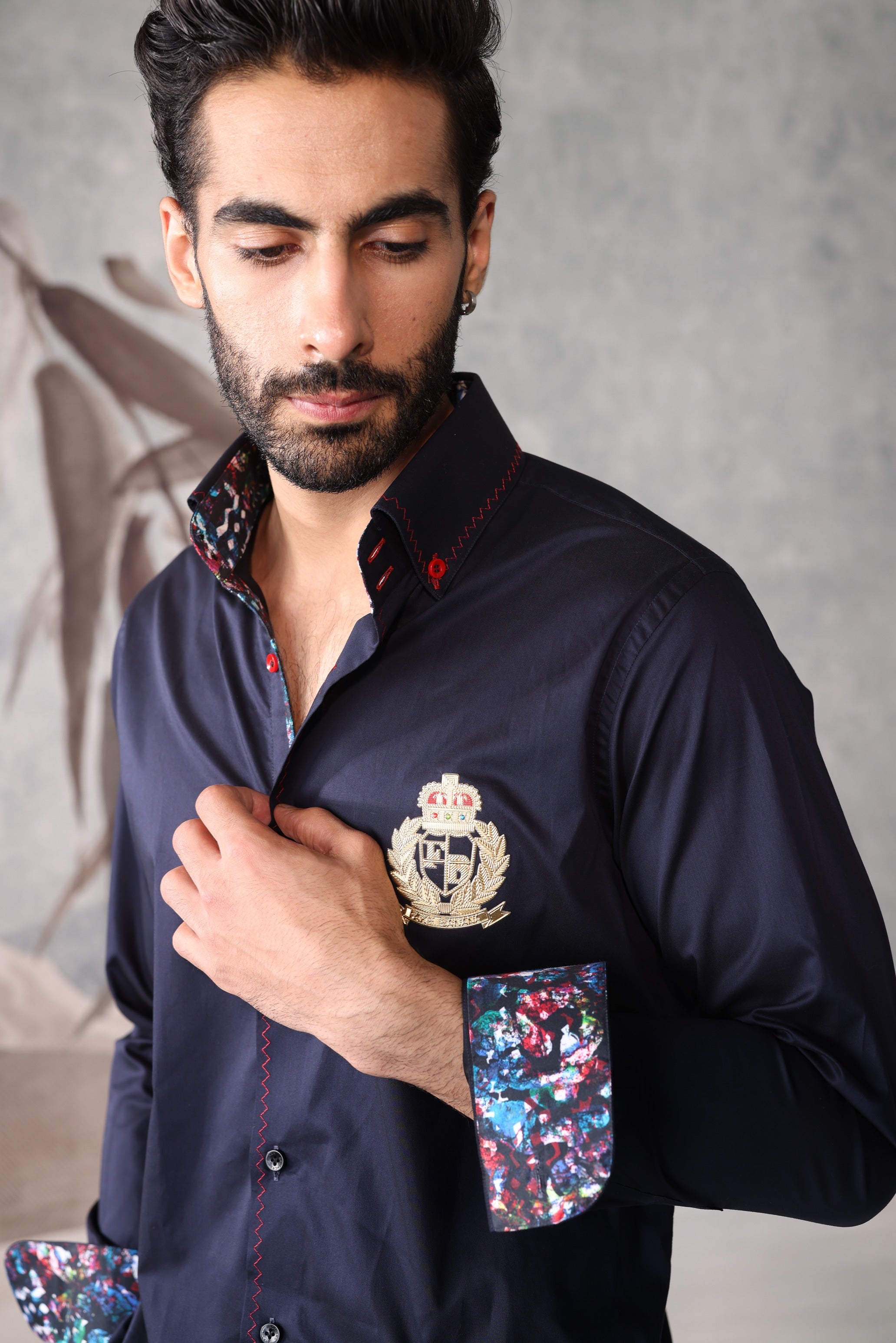 Men's Navy Crest Embroidered Shirt with Printed Contrast Cuffs