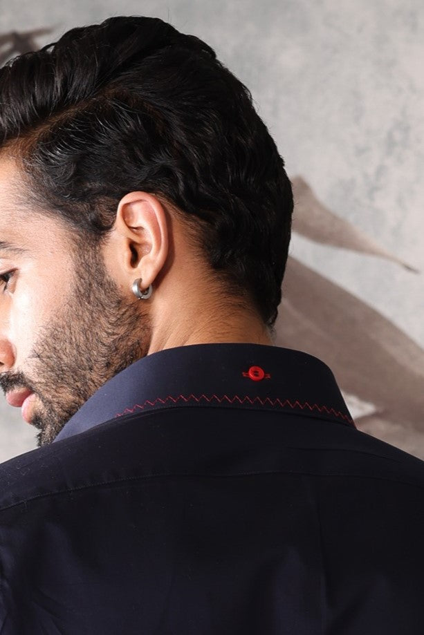 Men's Navy Crest Embroidered Shirt with Printed Contrast Cuffs