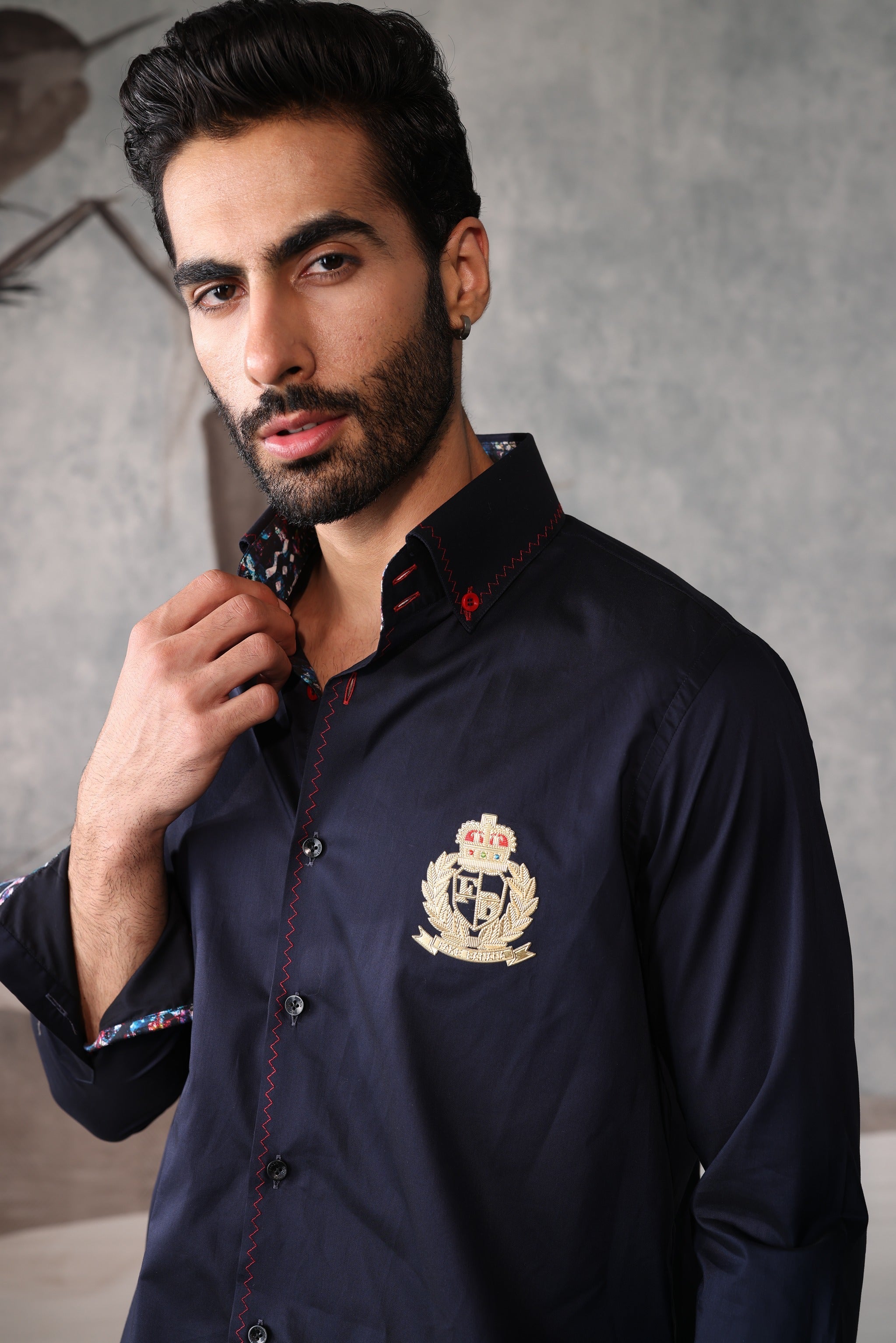 Men's Navy Crest Embroidered Shirt with Printed Contrast Cuffs