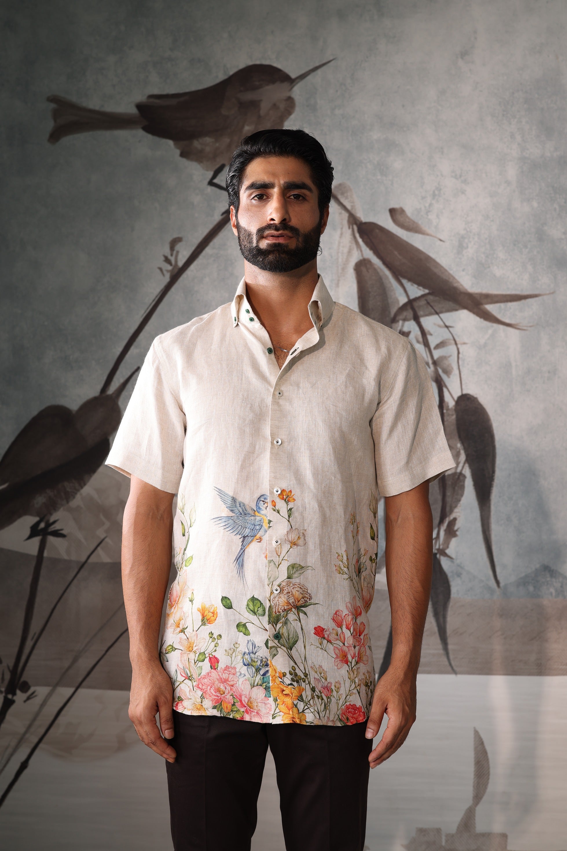 Beige half sleeves shirt with floral print