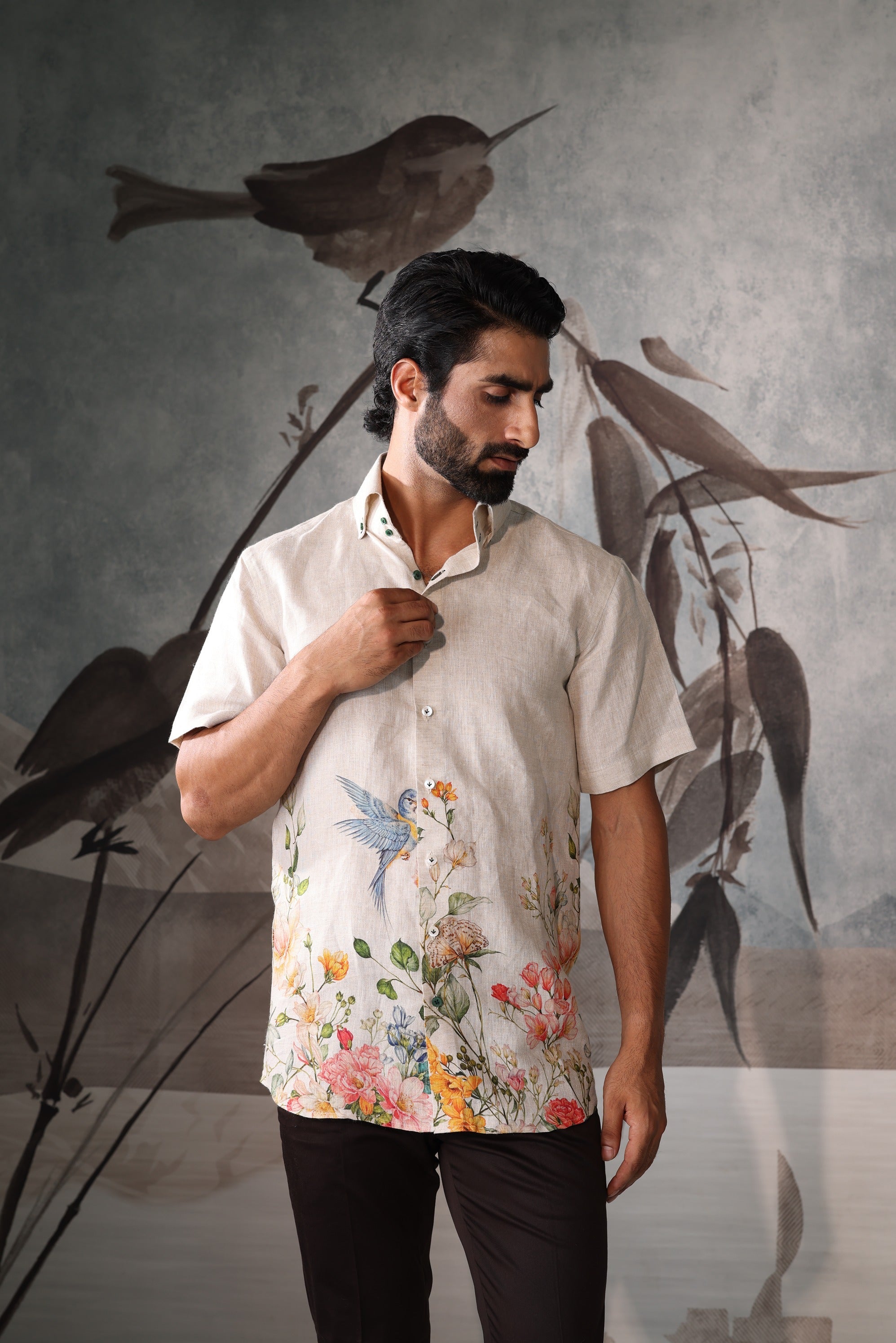 Beige half sleeves shirt with floral print