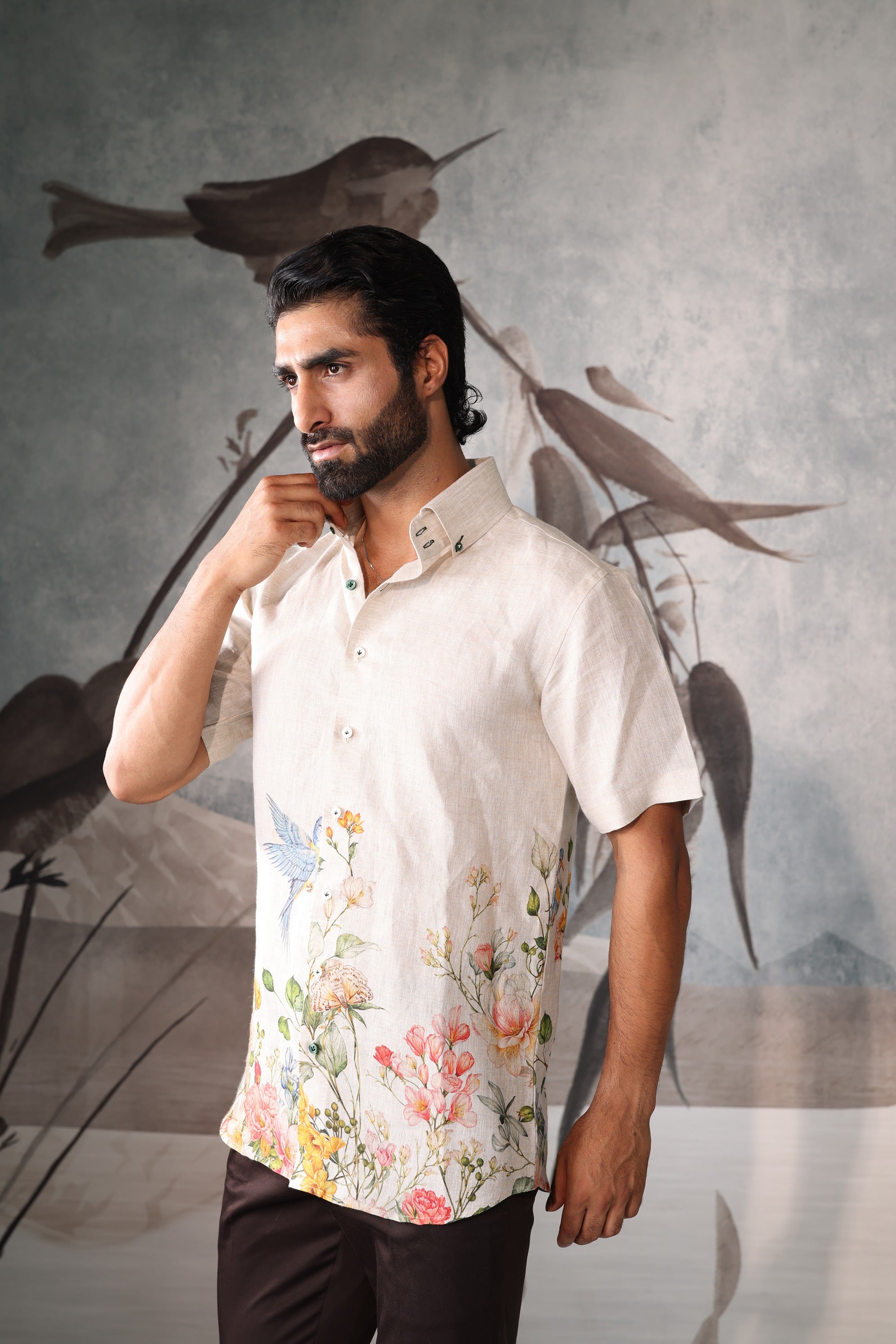 Beige half sleeves shirt with floral print